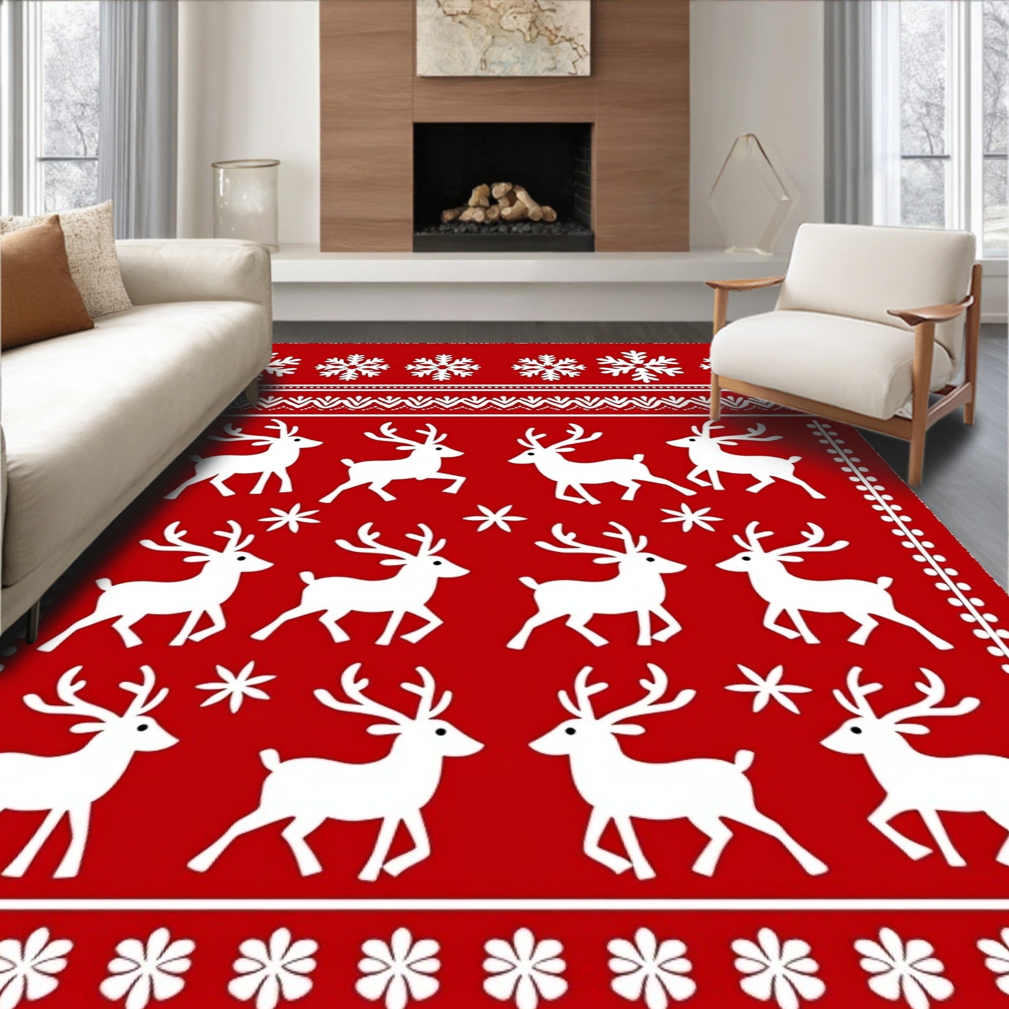 Classic Red White Reindeer Snowflakes Rug