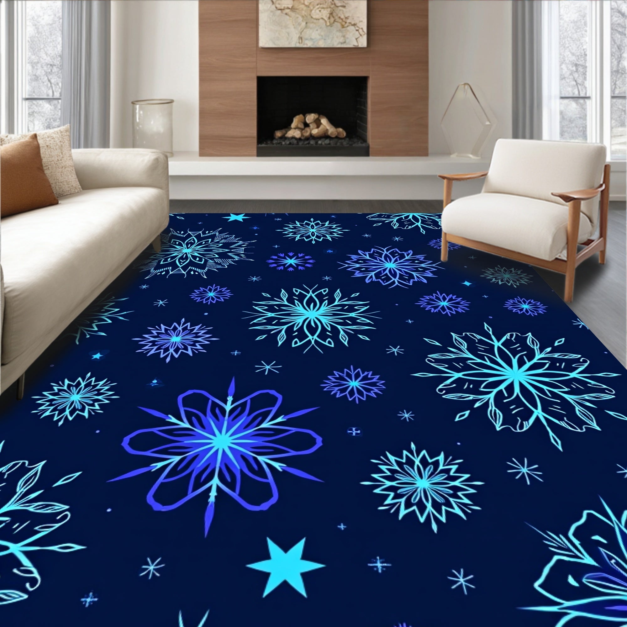 Deep Blue Snowflake Repeating Pattern Rug