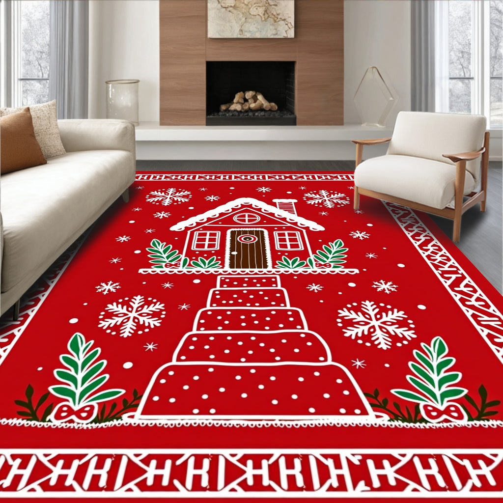 Festive Red Gingerbread House Snowflakes Rug