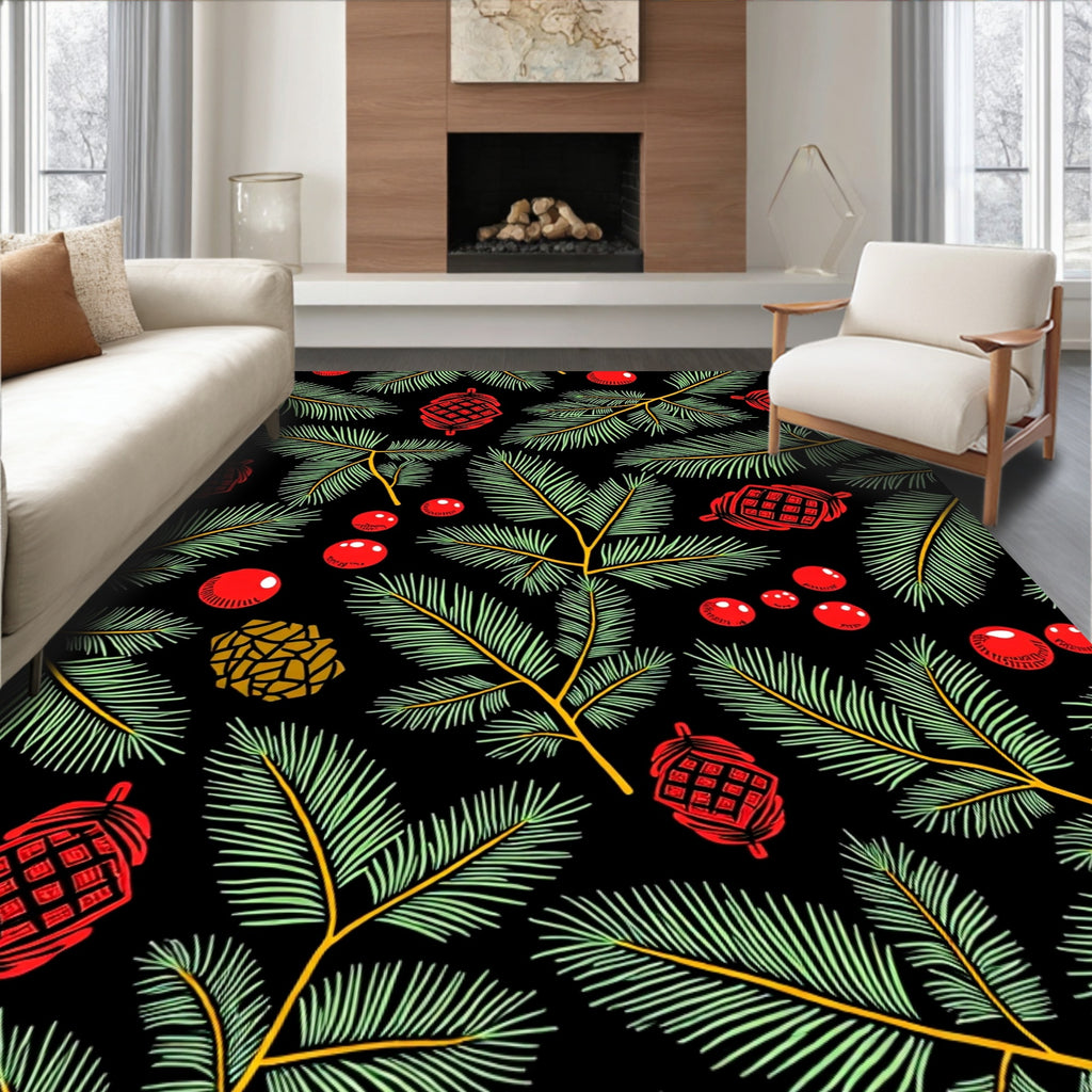 Crimson Berry Pine Branch Arrangement Rug