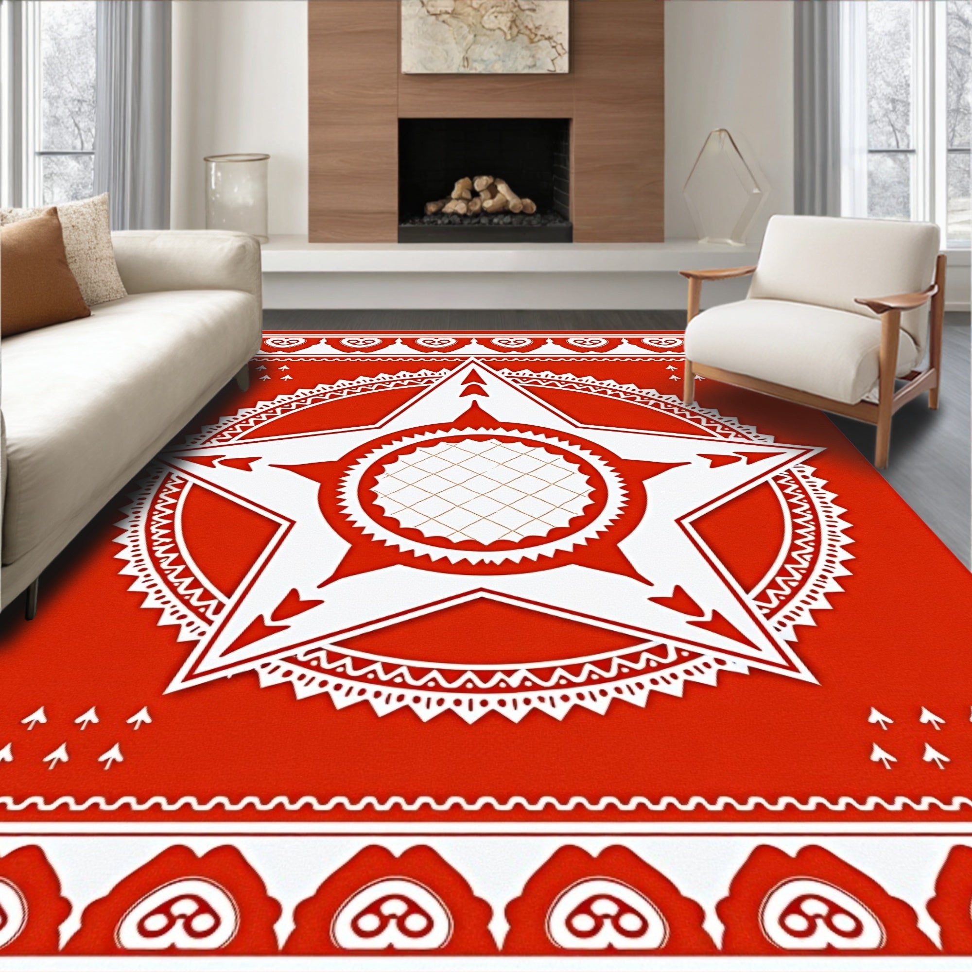 Bold Red Star Mandala Sunburst Rug