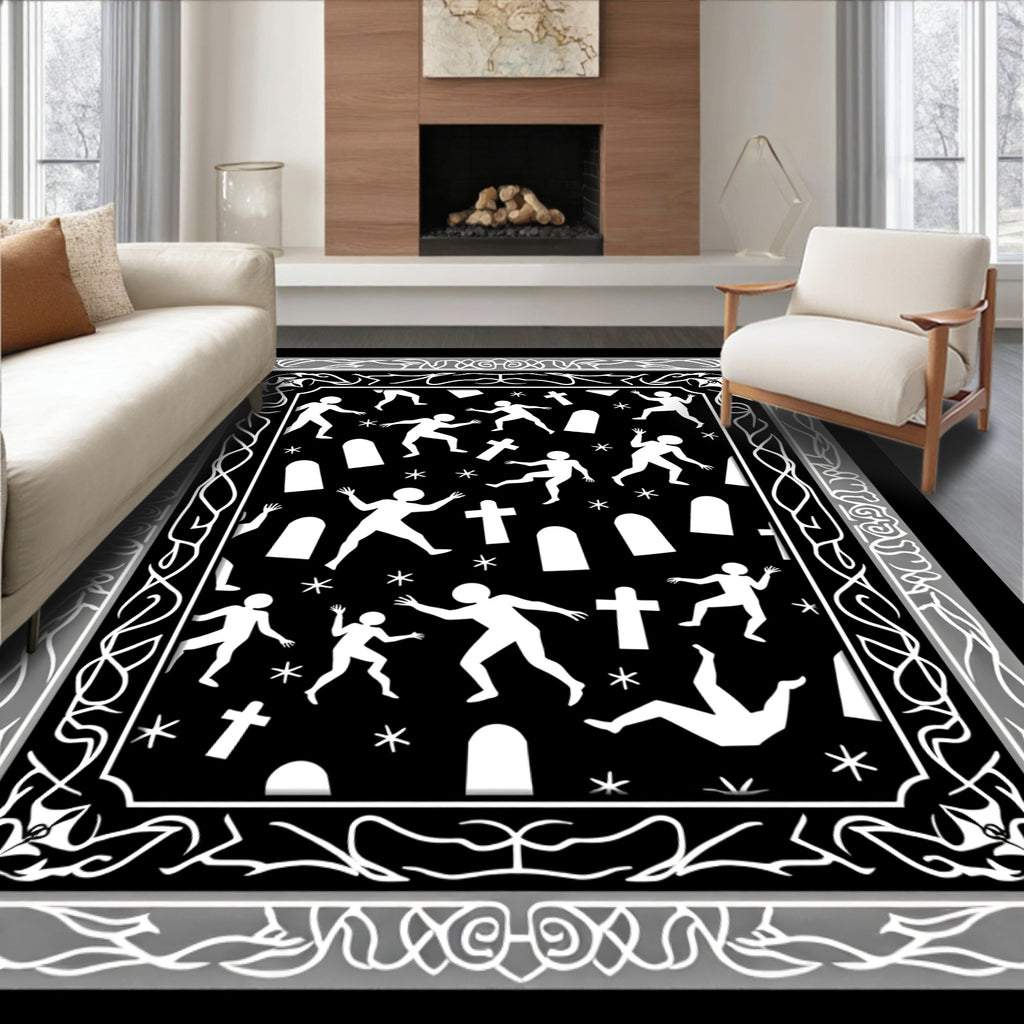 Spooky Black White Graveyard Figures Rug