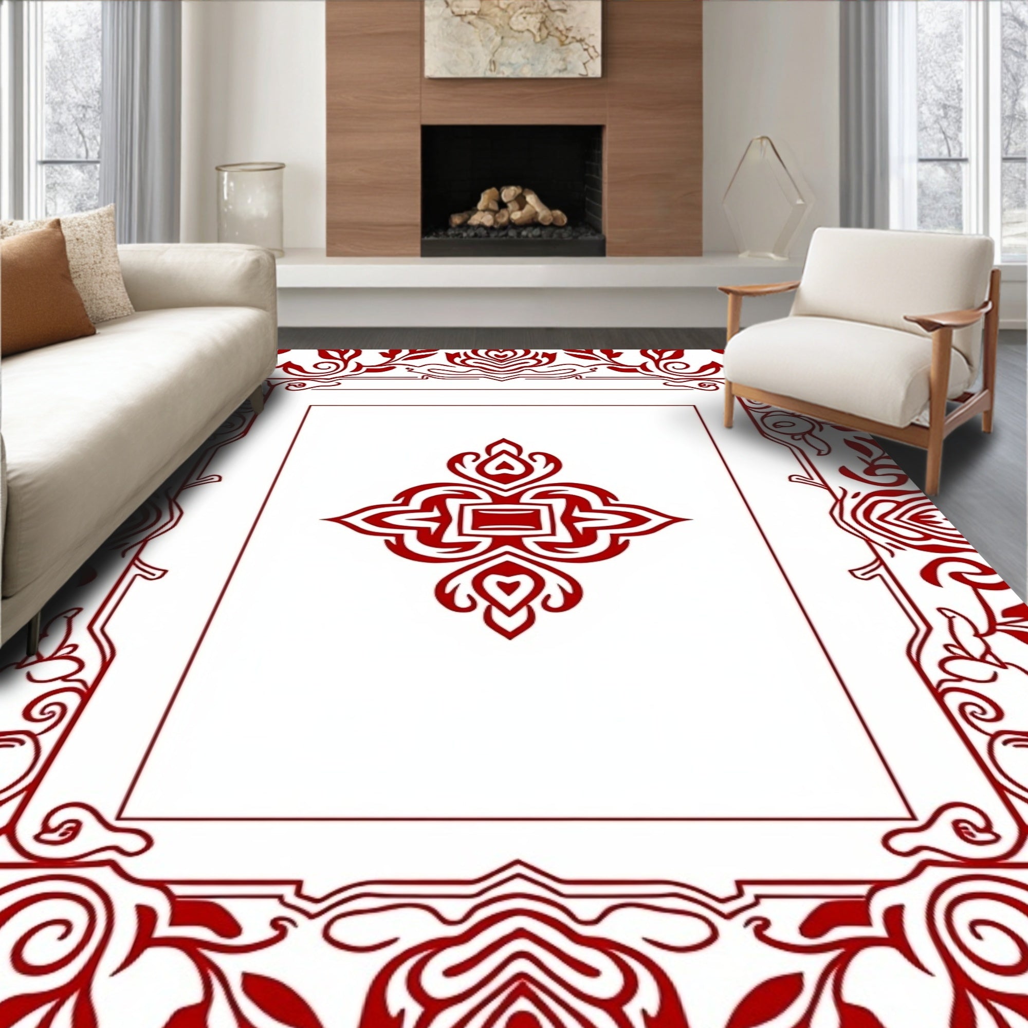 Ornate Crimson Floral Medallion Frame Rug