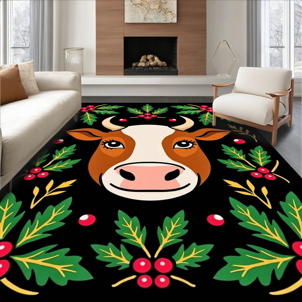 Festive Cow Holly Berry Garland Rug