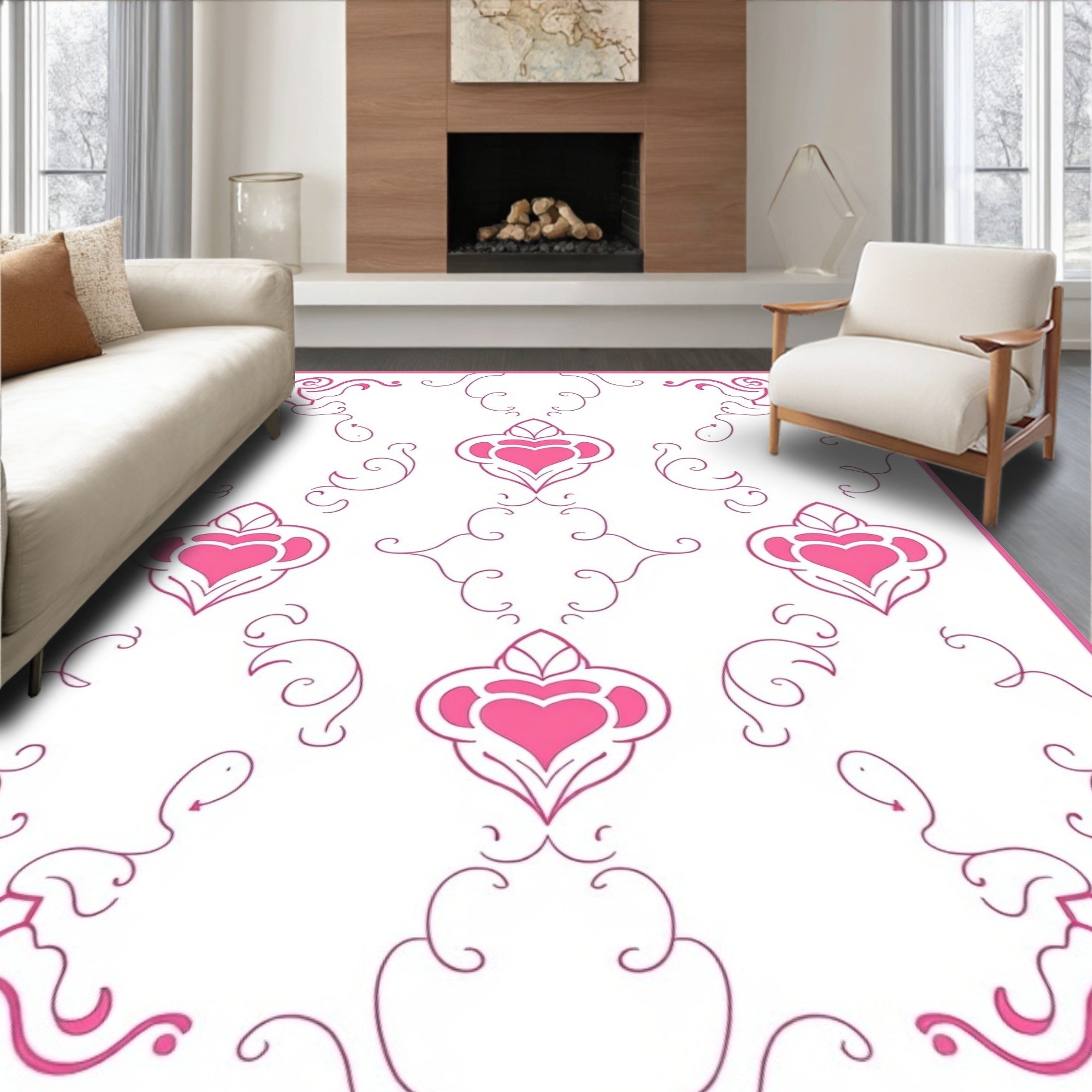 Pink Heart Filigree Swirls Rug