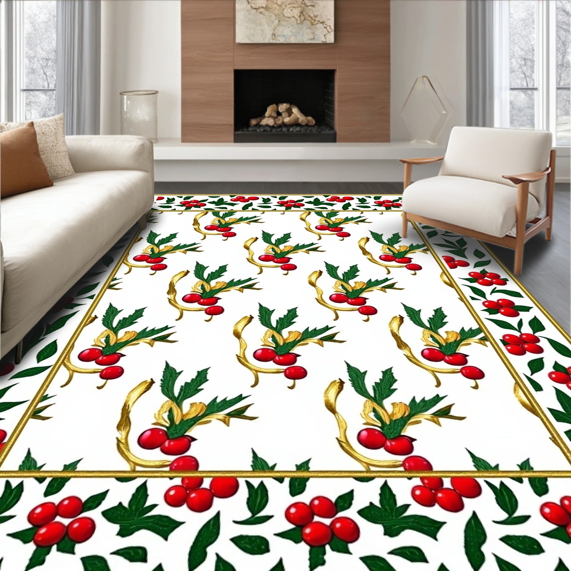 Red Holly Berry Garland Bordered Rug
