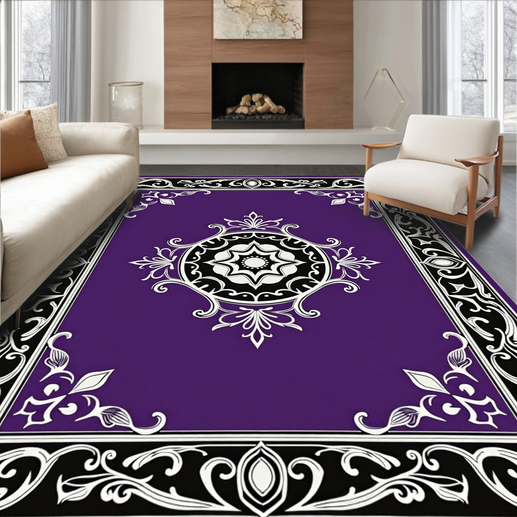 Ornate Purple Black White Medallion Rug