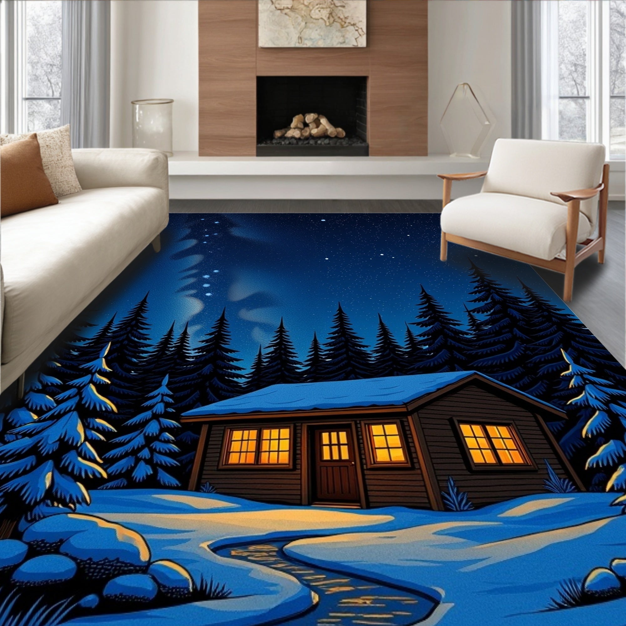 Cozy Cabin In Snowy Winter Night Rug