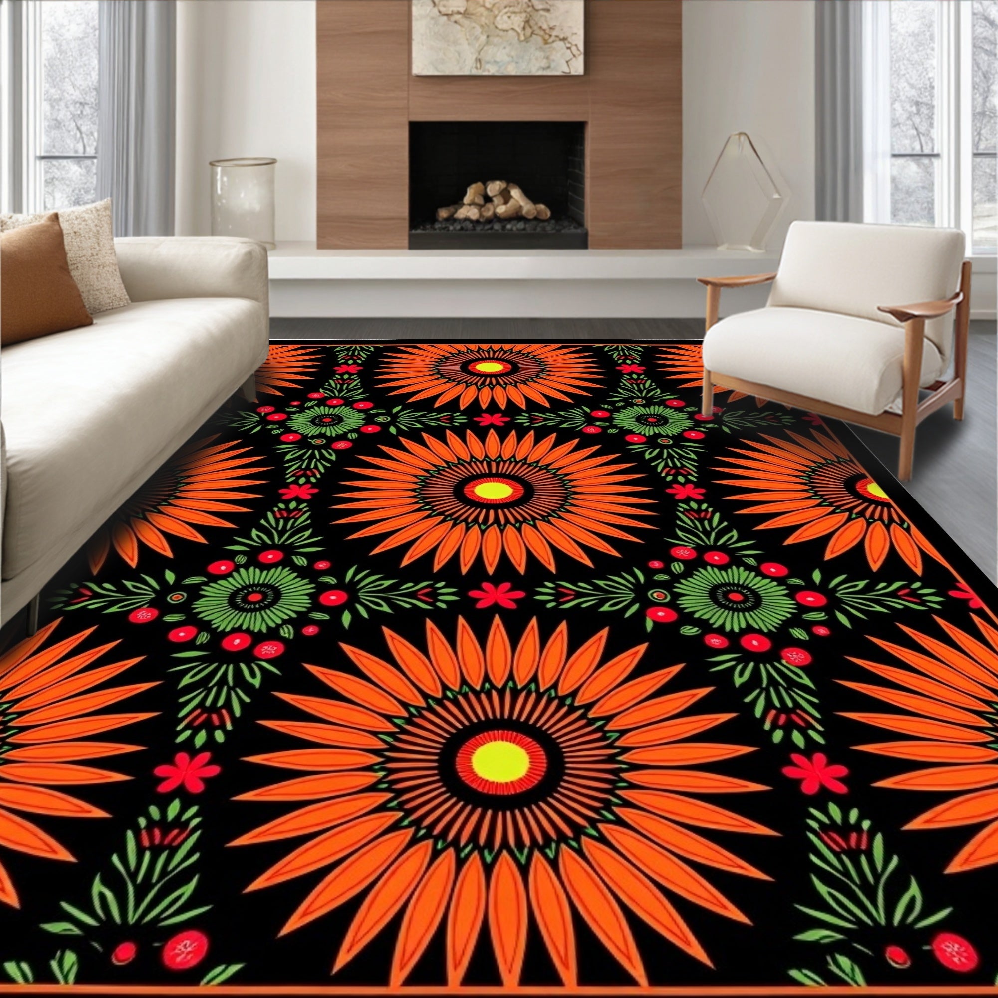 Bright Orange Sunburst Floral Arrangement Rug