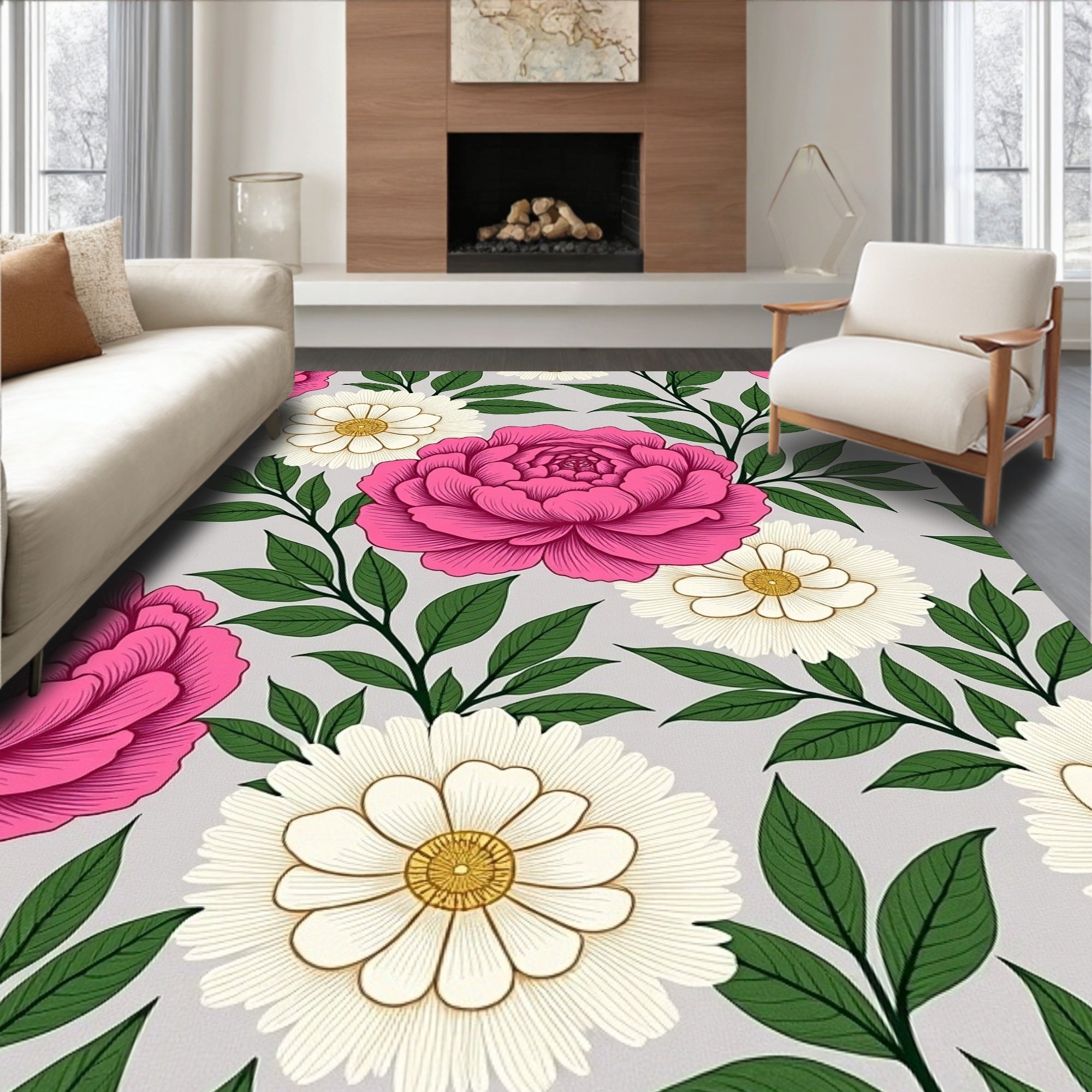 Vibrant Pink Floral Branches Gray Background Rug