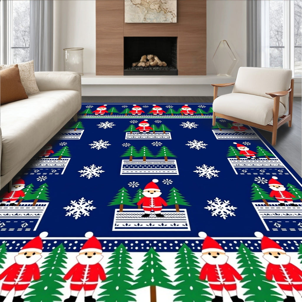 Festive Blue Santa Claus Trees Snowflakes Rug