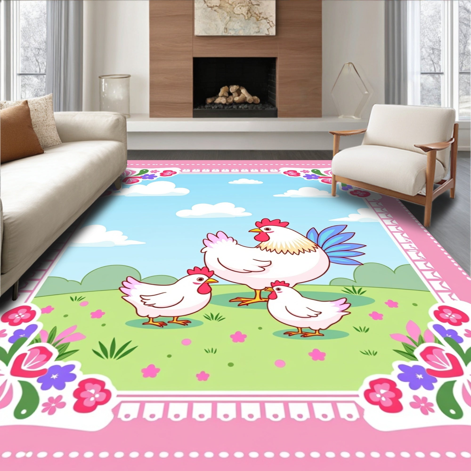 Farmyard Chickens Meadow Floral Border Rug