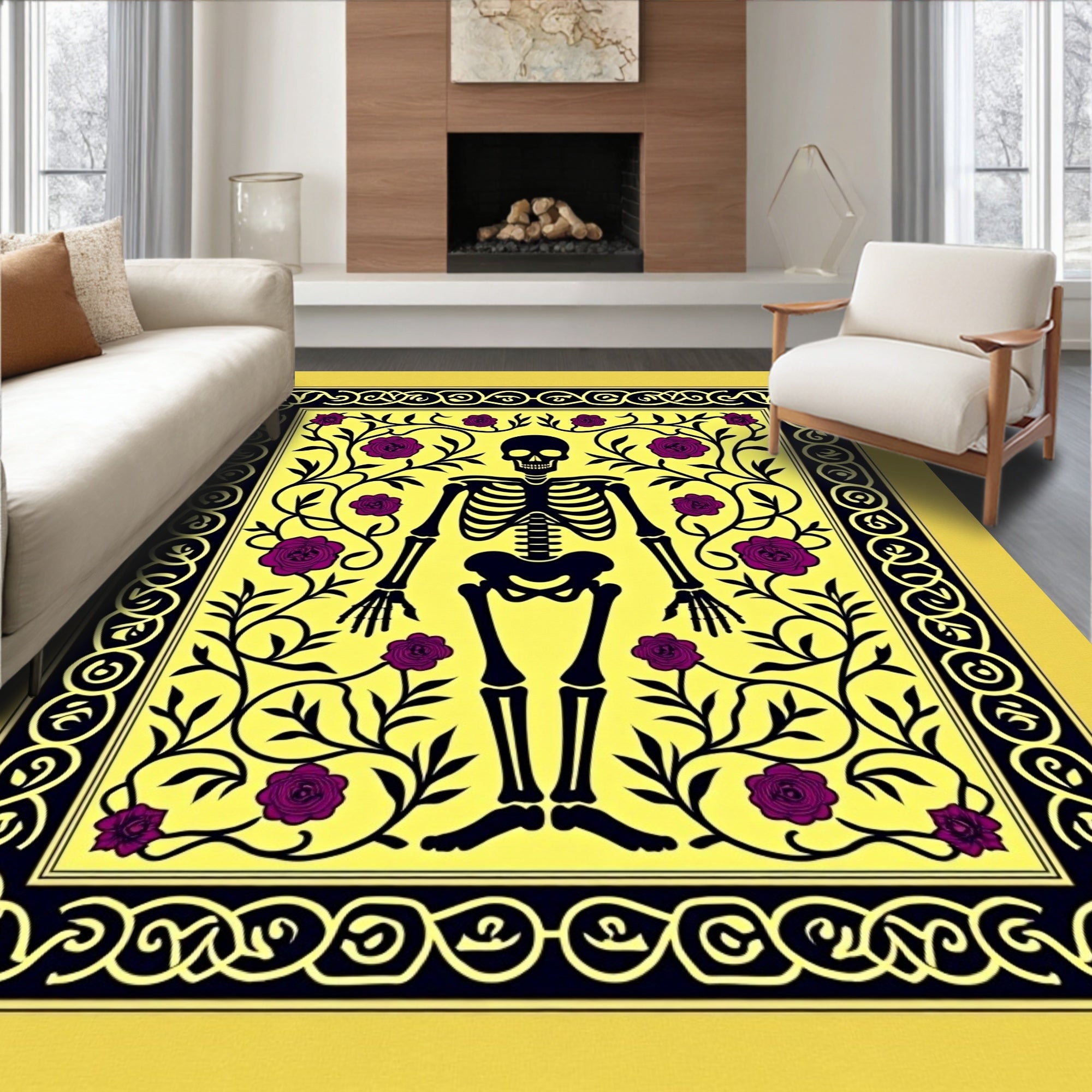 Whimsical Skeleton Floral Yellow Rug