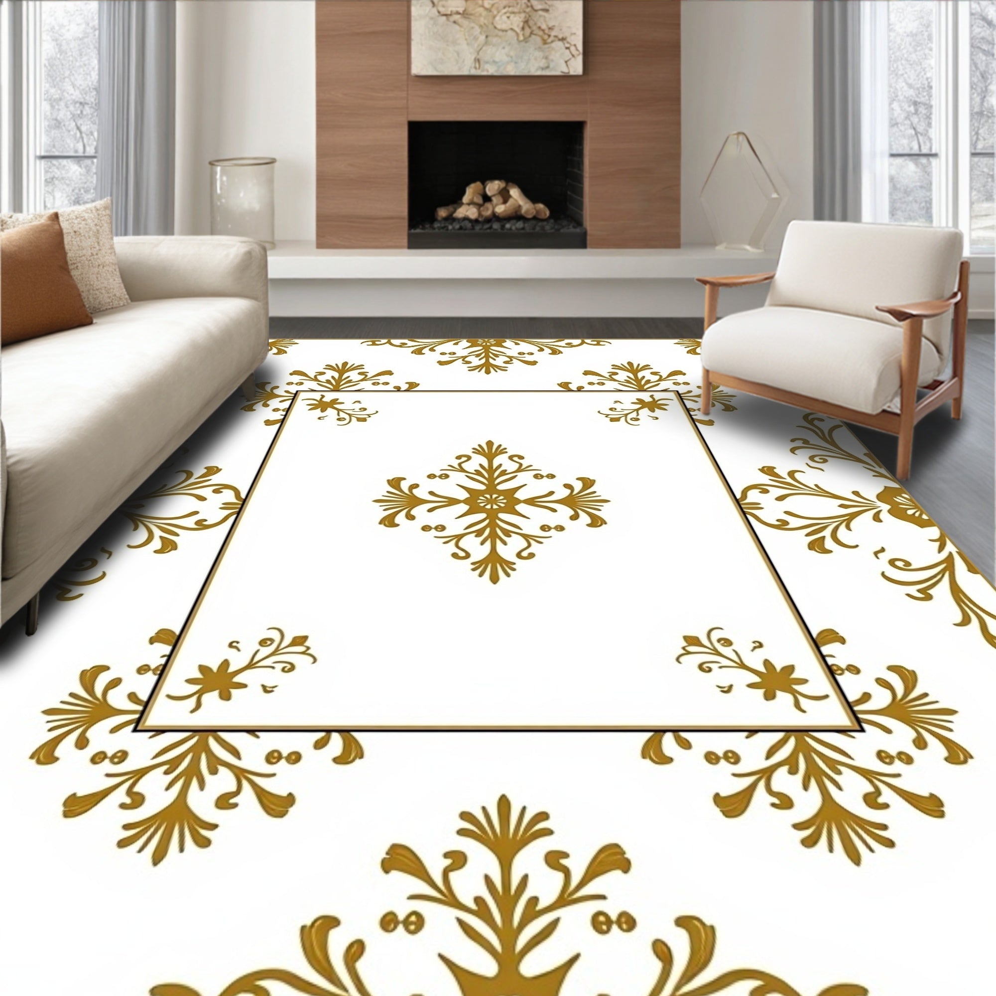 Golden Floral Frame Ornament Rug