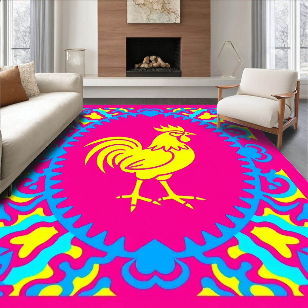 Bold Yellow Rooster Pink Border Rug