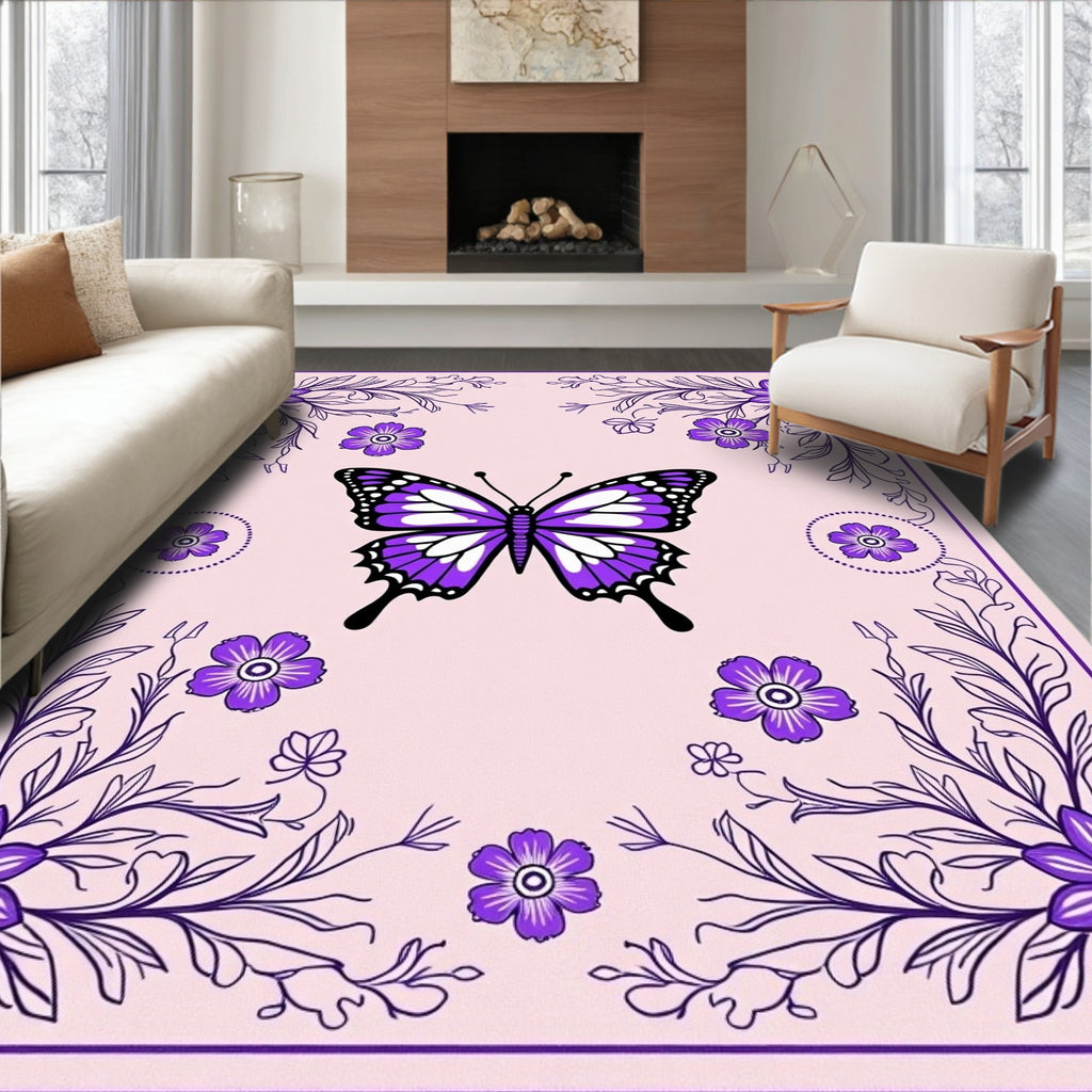 Purple Butterfly Floral Sprigs Rug