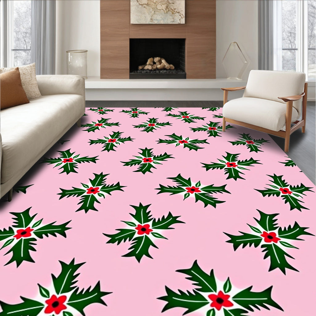 Pink Background Green Holly Red Berries Rug