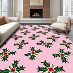 Pink Background Green Holly Red Berries Rug