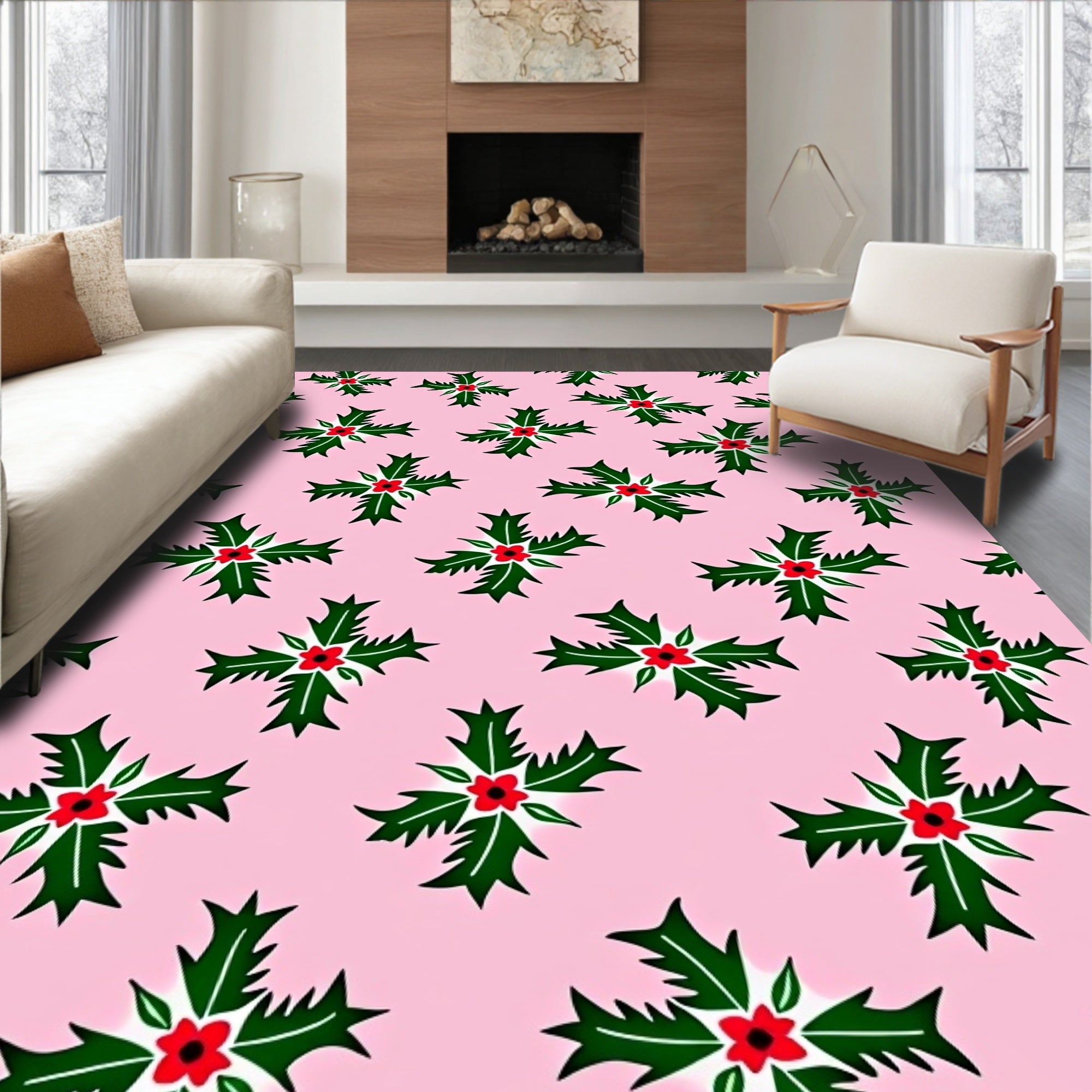 Pink Background Green Holly Red Berries Rug