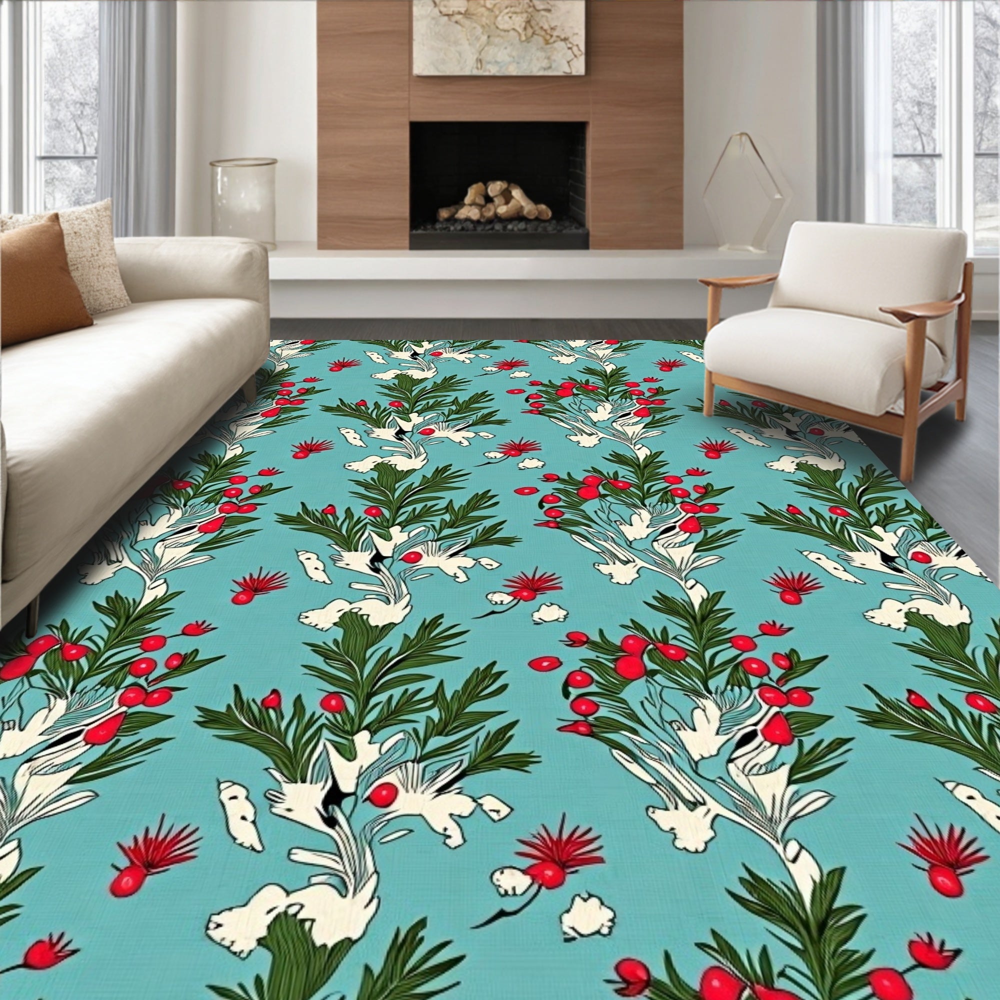 Turquoise Berry Branch Whimsical Folk Rug