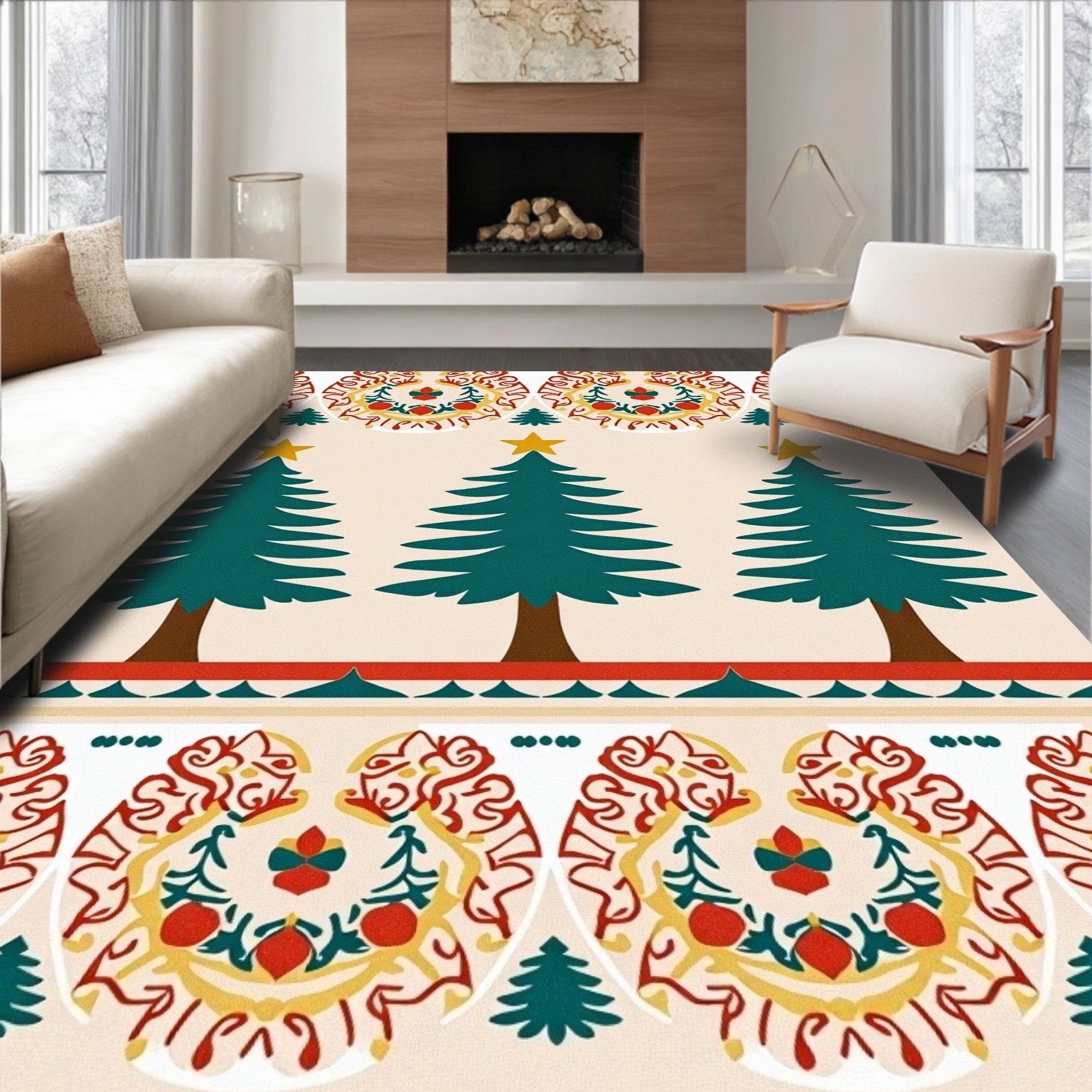 Festive Emerald Trees Red Border Rug