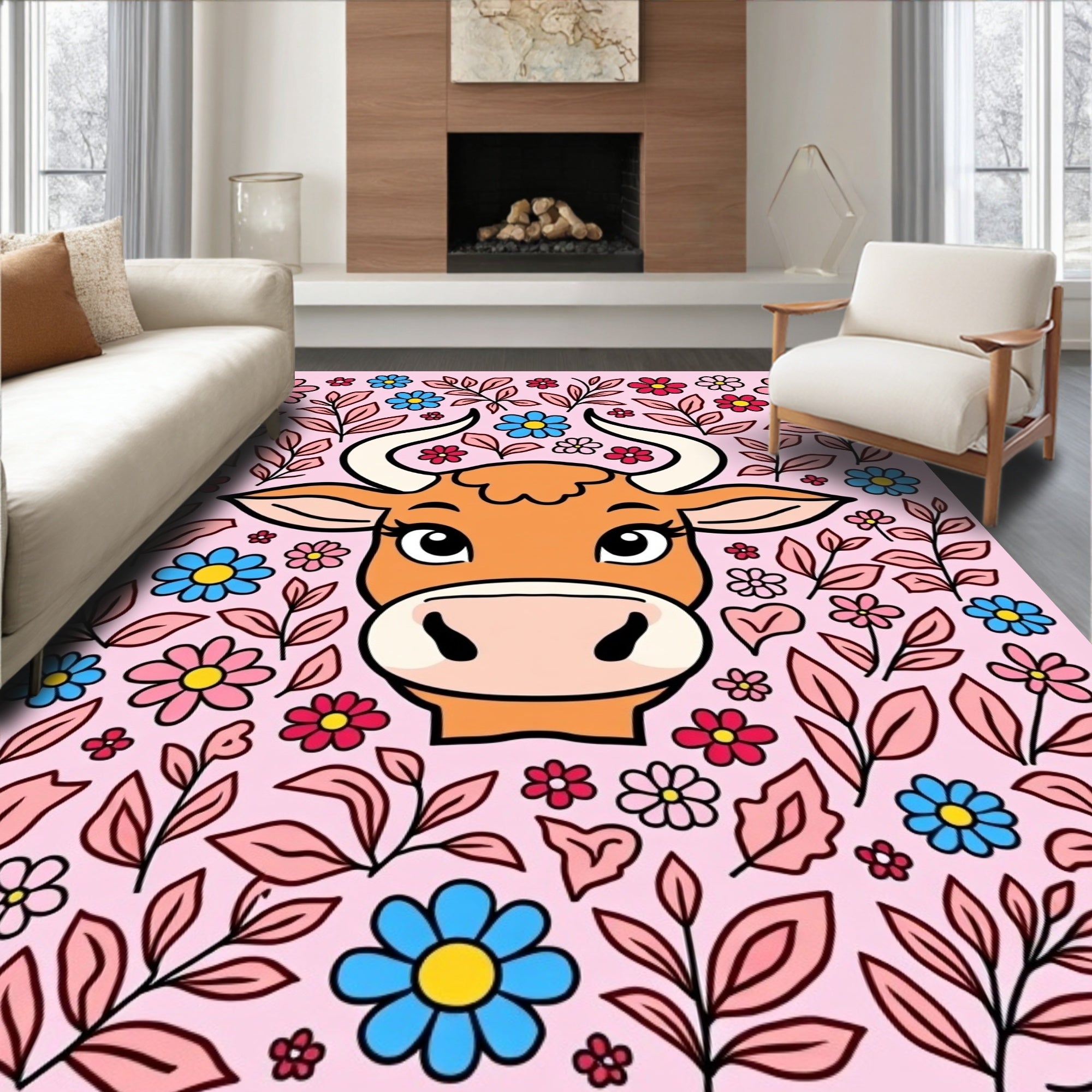 Whimsical Cow Floral Garden Rug