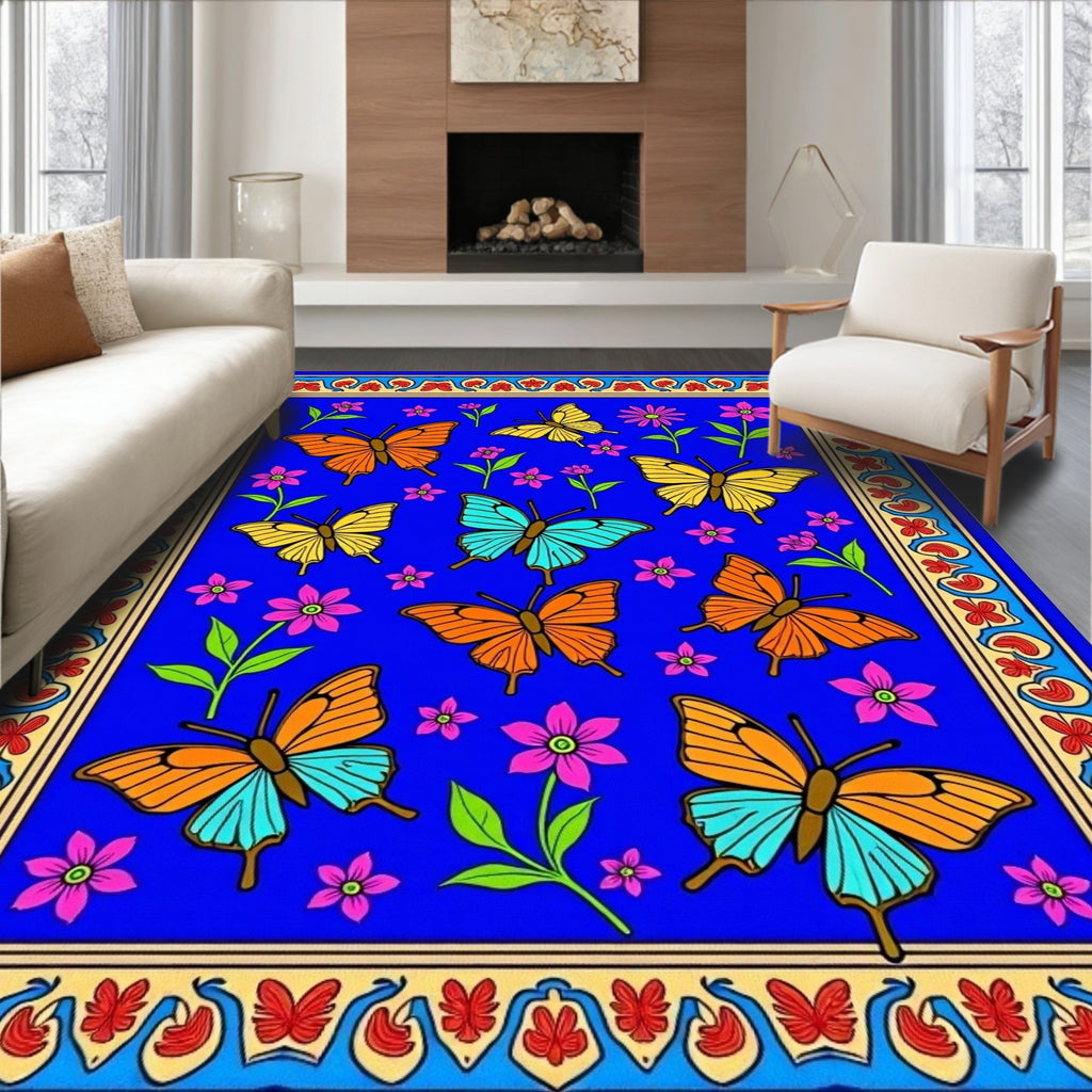 Vibrant Blue Butterfly Floral Garden Rug
