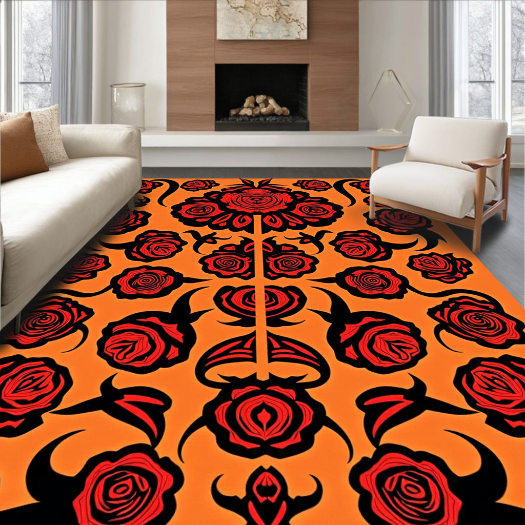 Crimson Black Floral Arrangement Rug