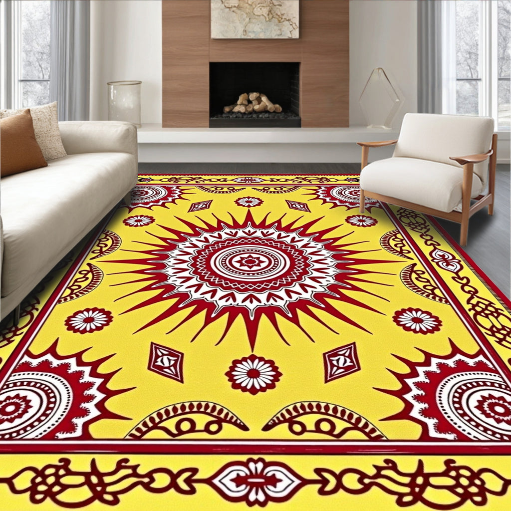 Crimson Sunburst Yellow Tribal Medallion Rug