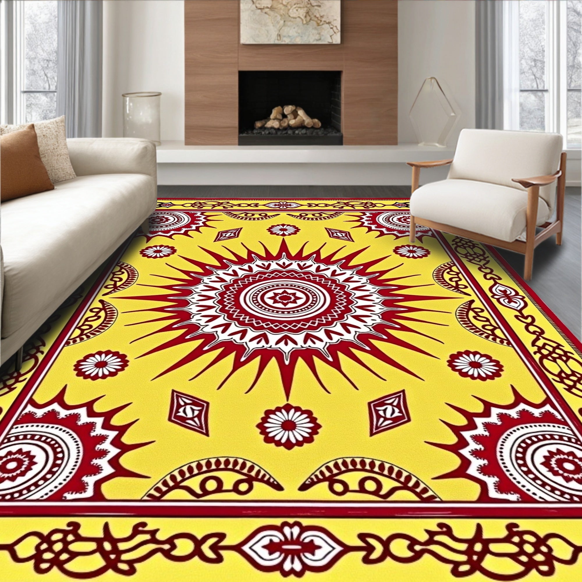 Crimson Sunburst Yellow Tribal Medallion Rug