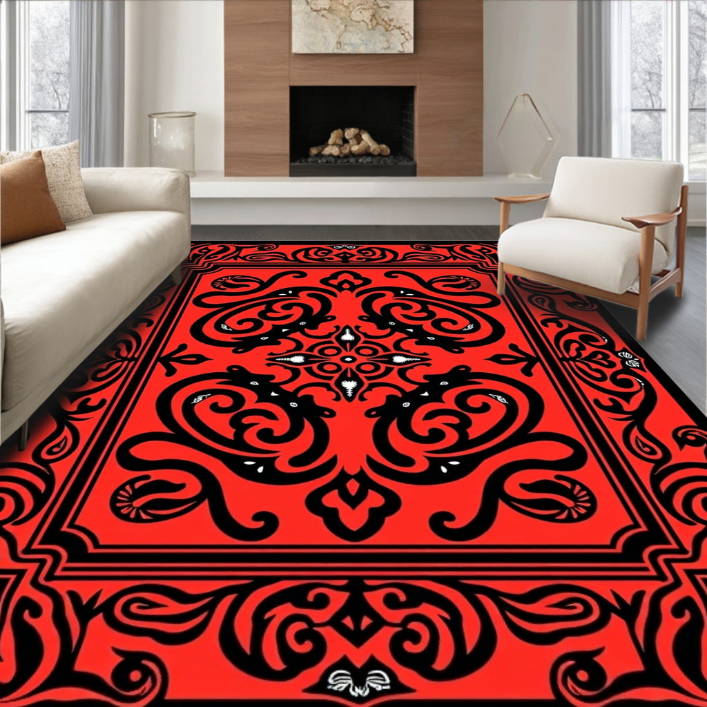 Vibrant Crimson Black Tribal Swirl Rug
