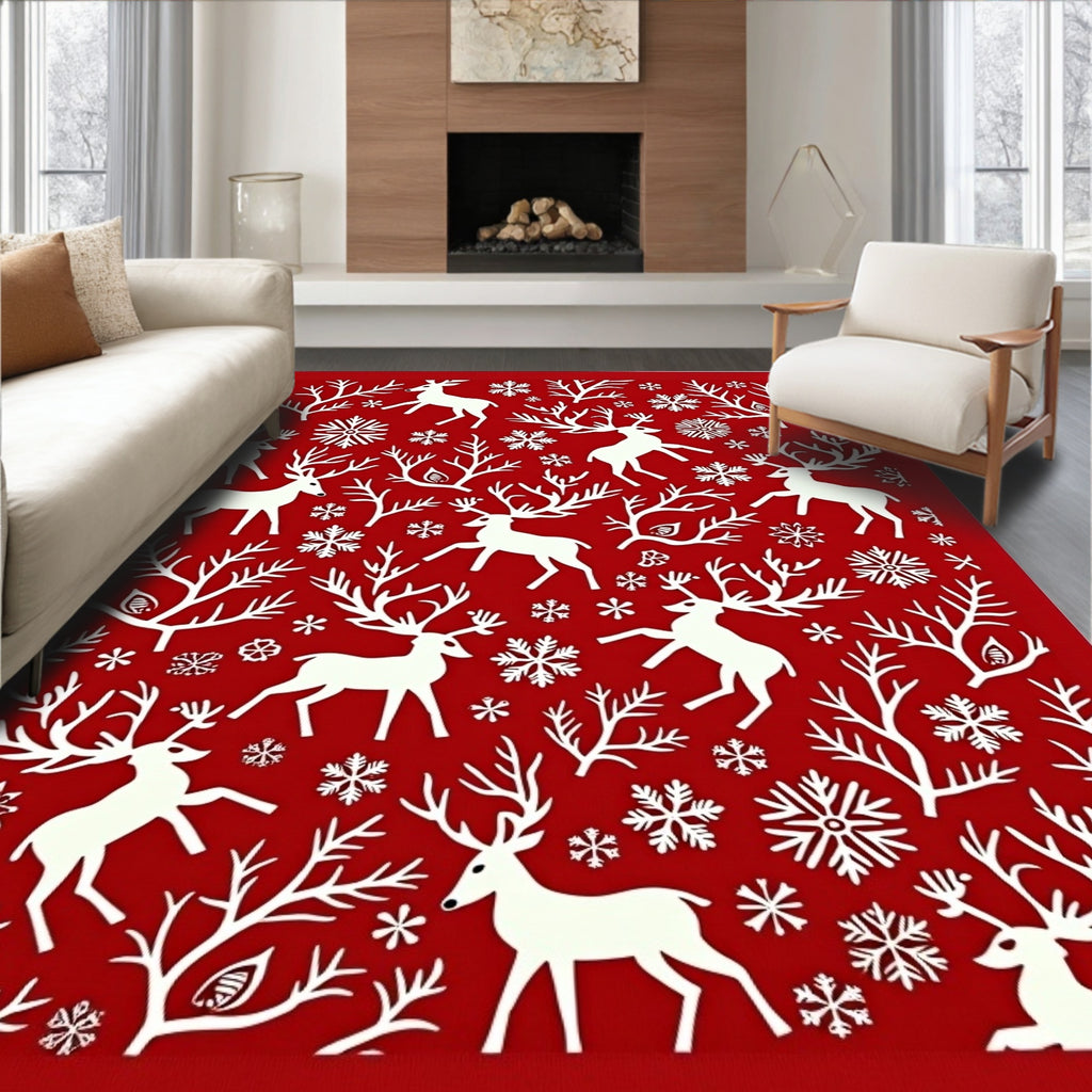Red Winter Deer Snowflake Forest Rug