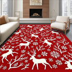 Red Winter Deer Snowflake Forest Rug