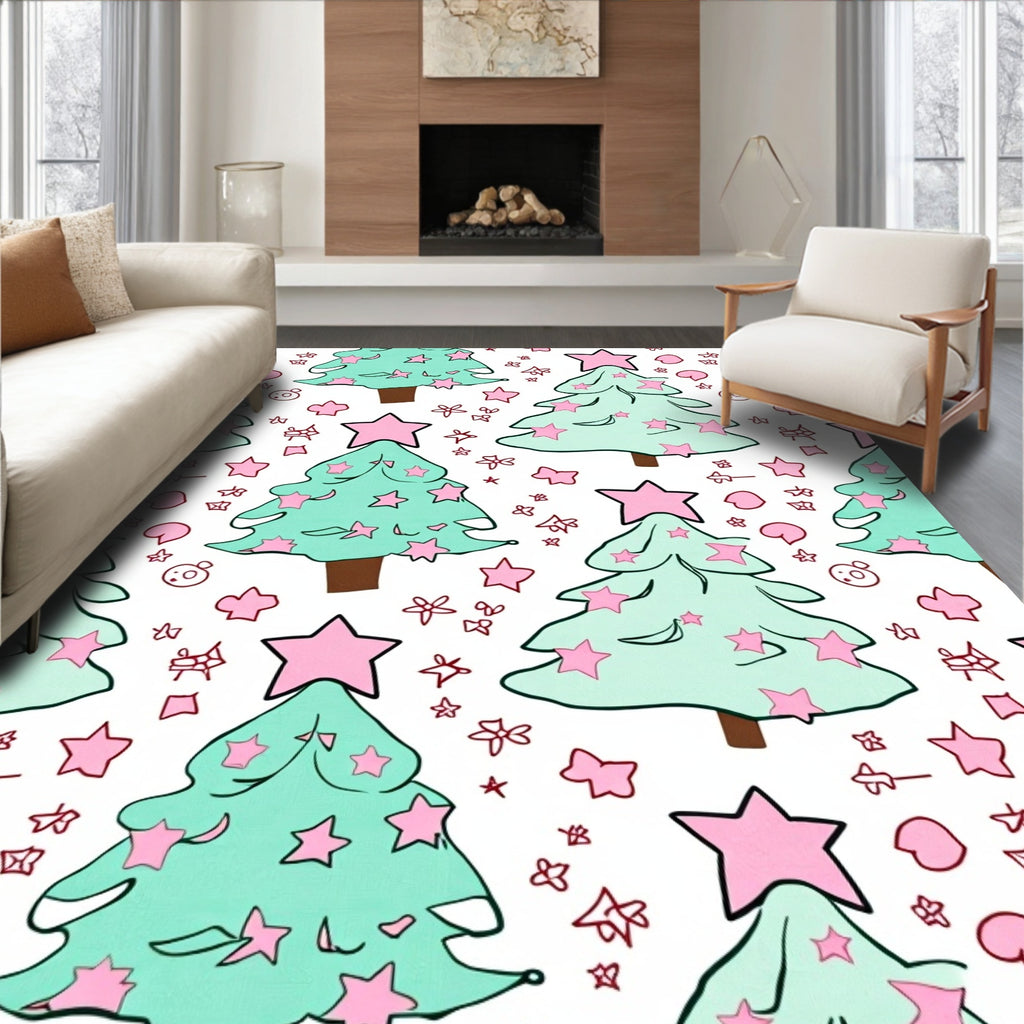 Festive Mint Christmas Trees Pink Stars Rug