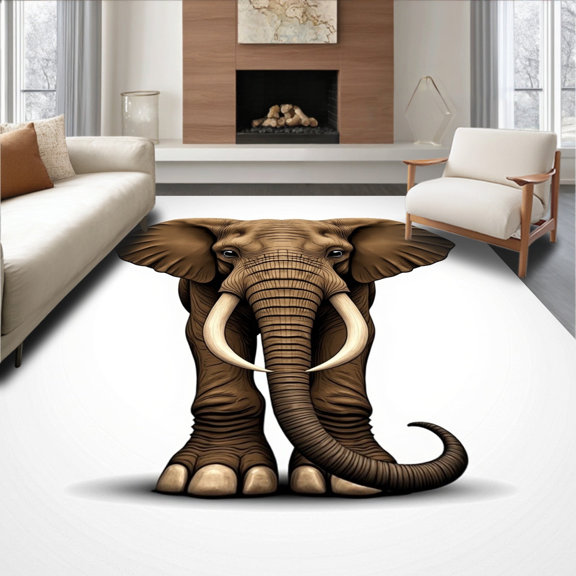 Majestic Brown Elephant Detailed Portrait Rug