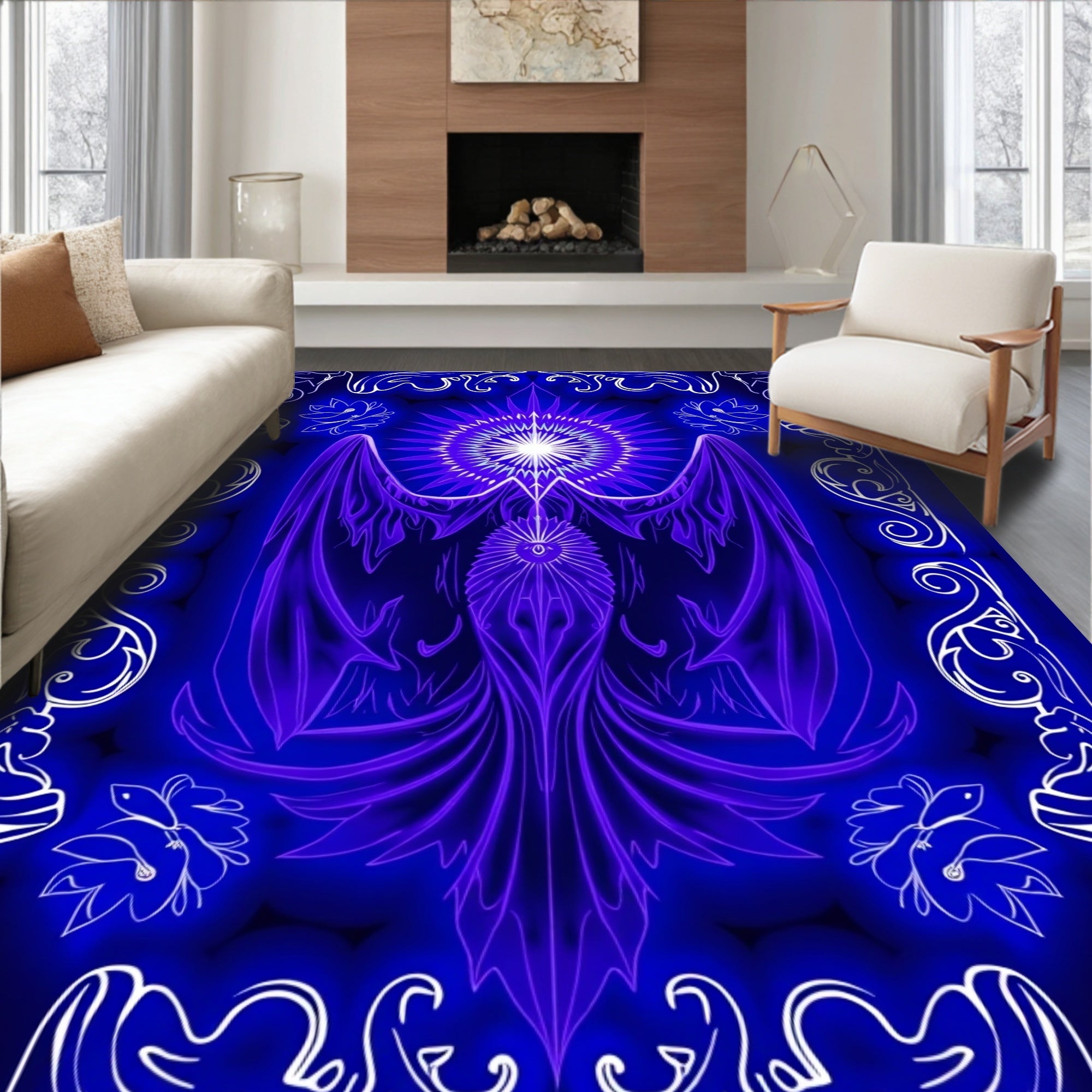Vibrant Electric Blue Phoenix Symmetry Rug