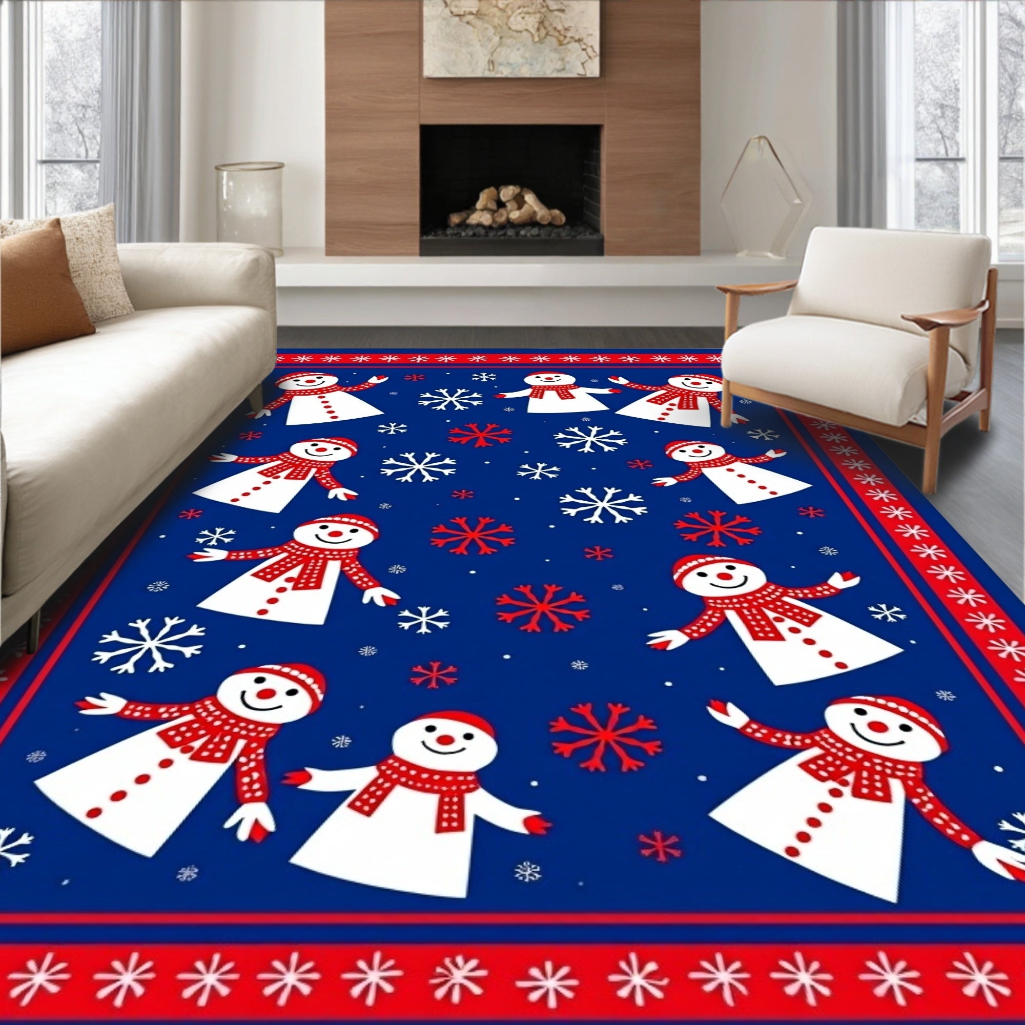 Whimsical Snowmen Red Scarf Navy Rug