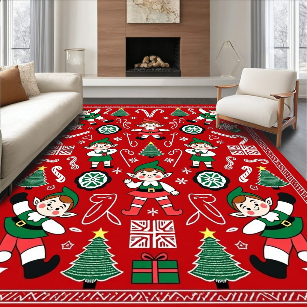 Red Holiday Elves Christmas Trees Candy Canes Rug
