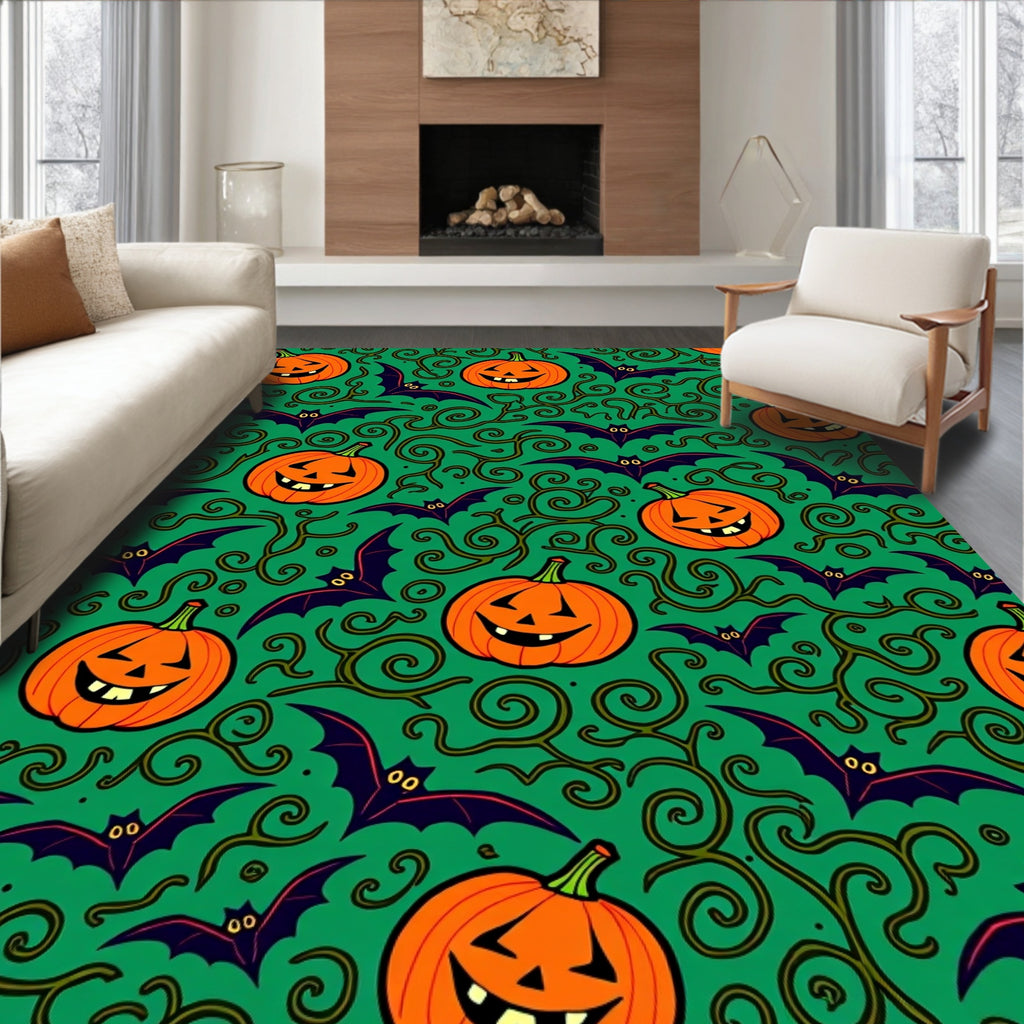 Spooky Orange Pumpkin Bat Swirl Green Rug