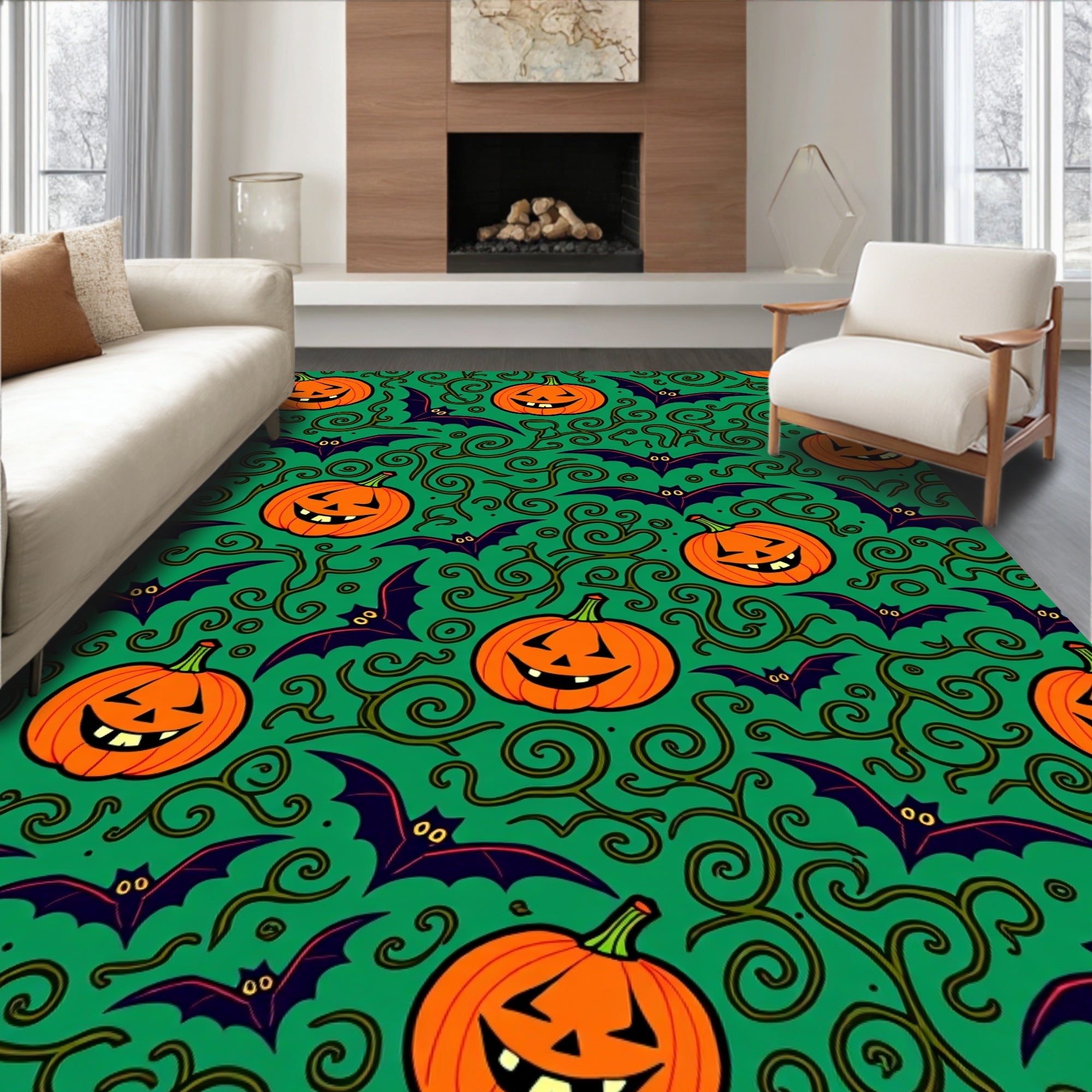 Spooky Orange Pumpkin Bat Swirl Green Rug