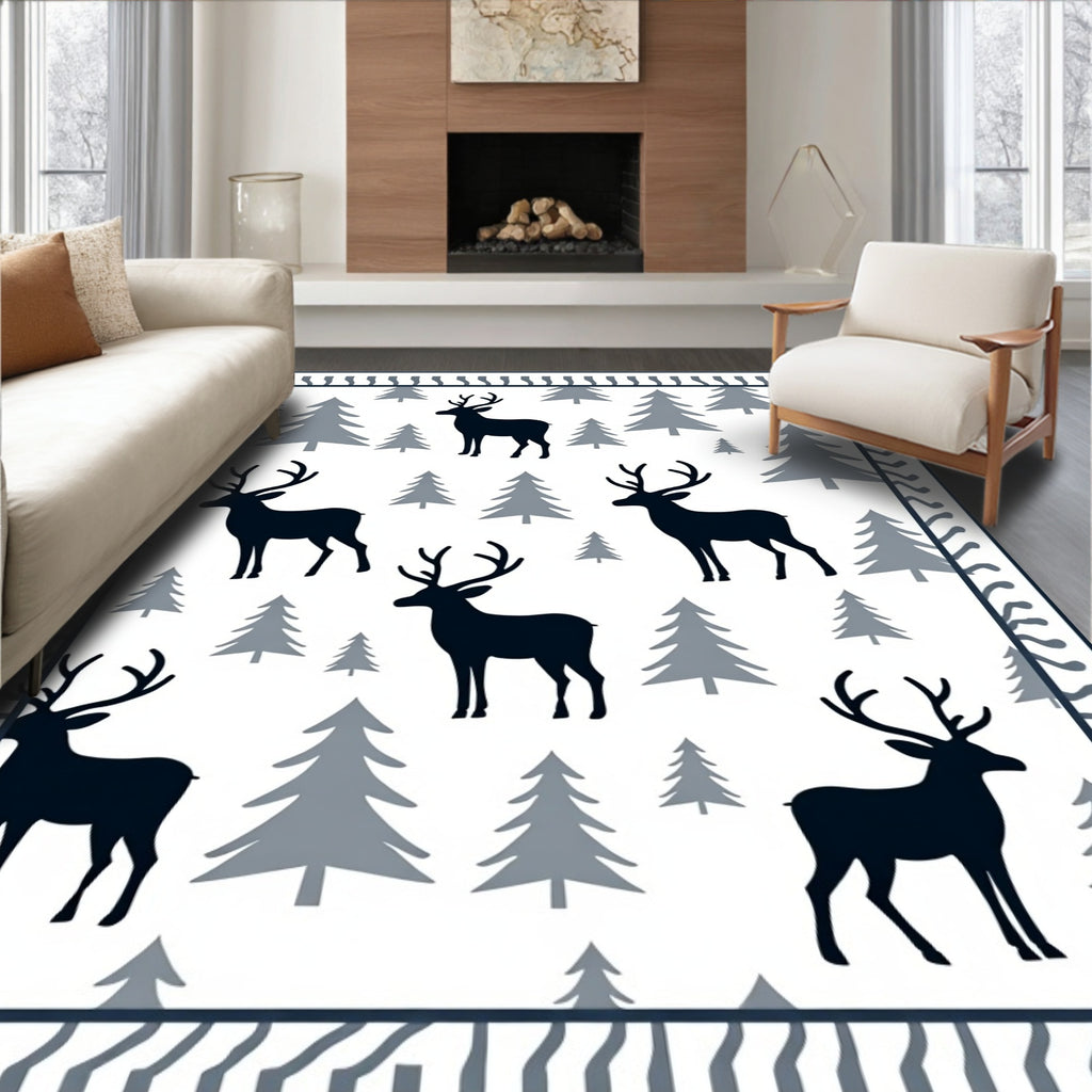 Winter Forest Deer With Pine Trees Rug