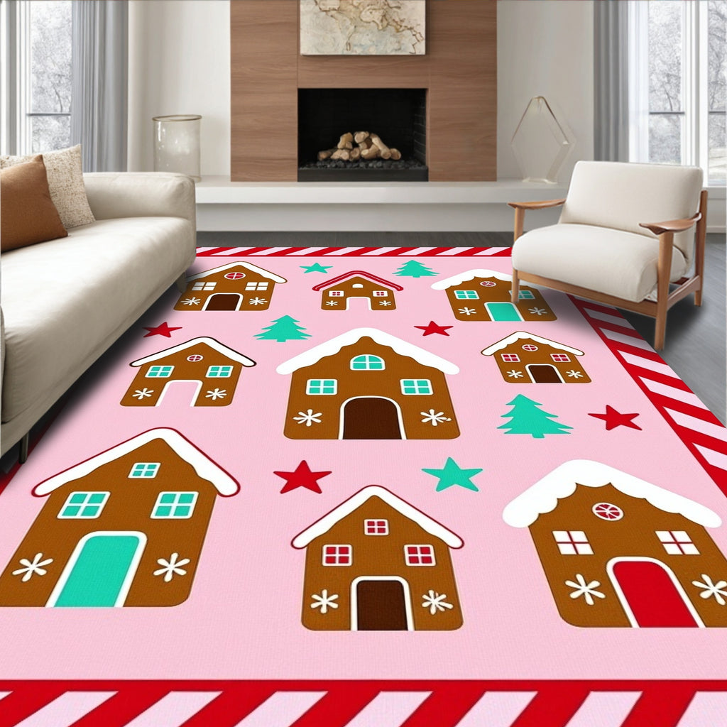 Gingerbread Houses Candy Cane Striped Border Rug