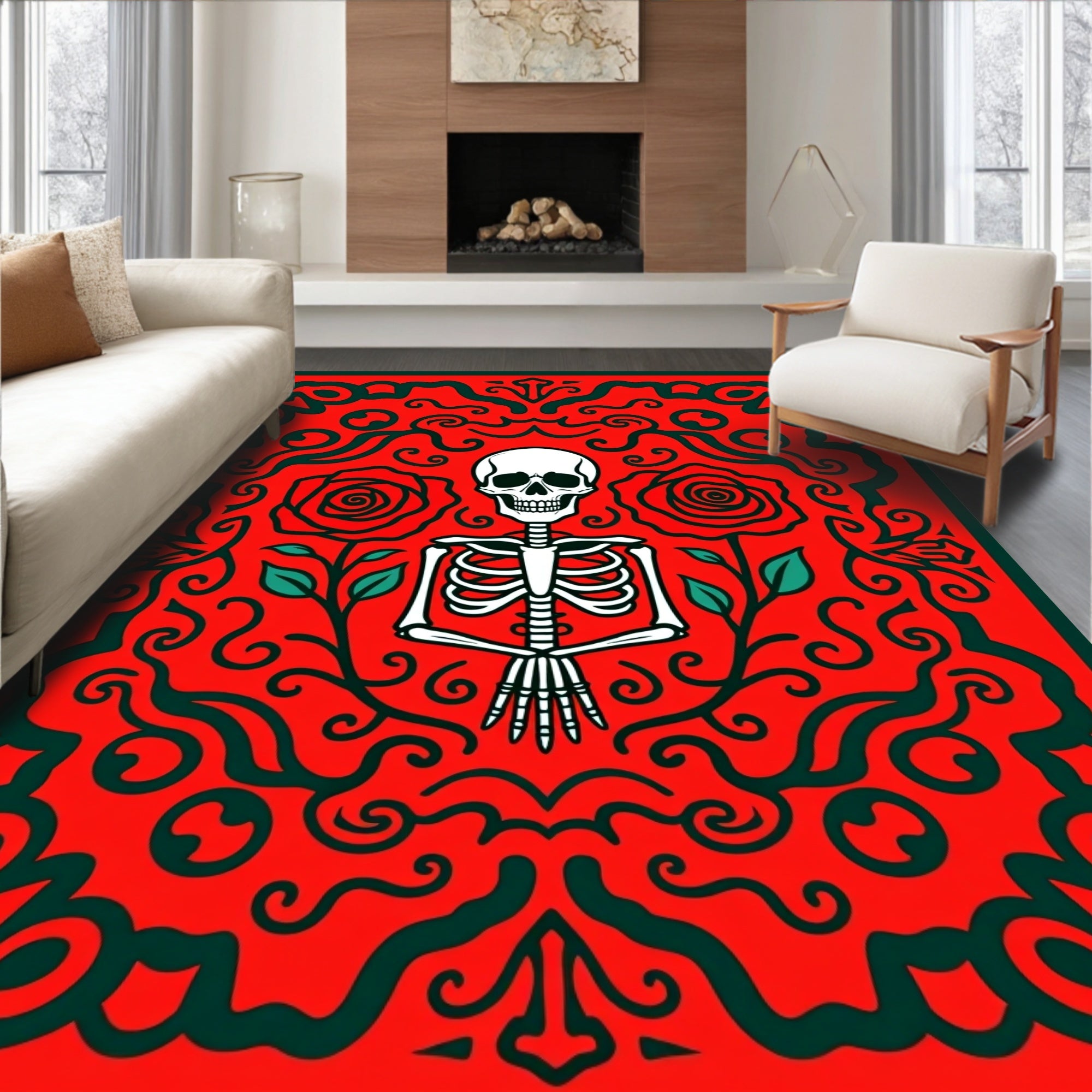 Crimson Skeleton Rose Swirls Rug