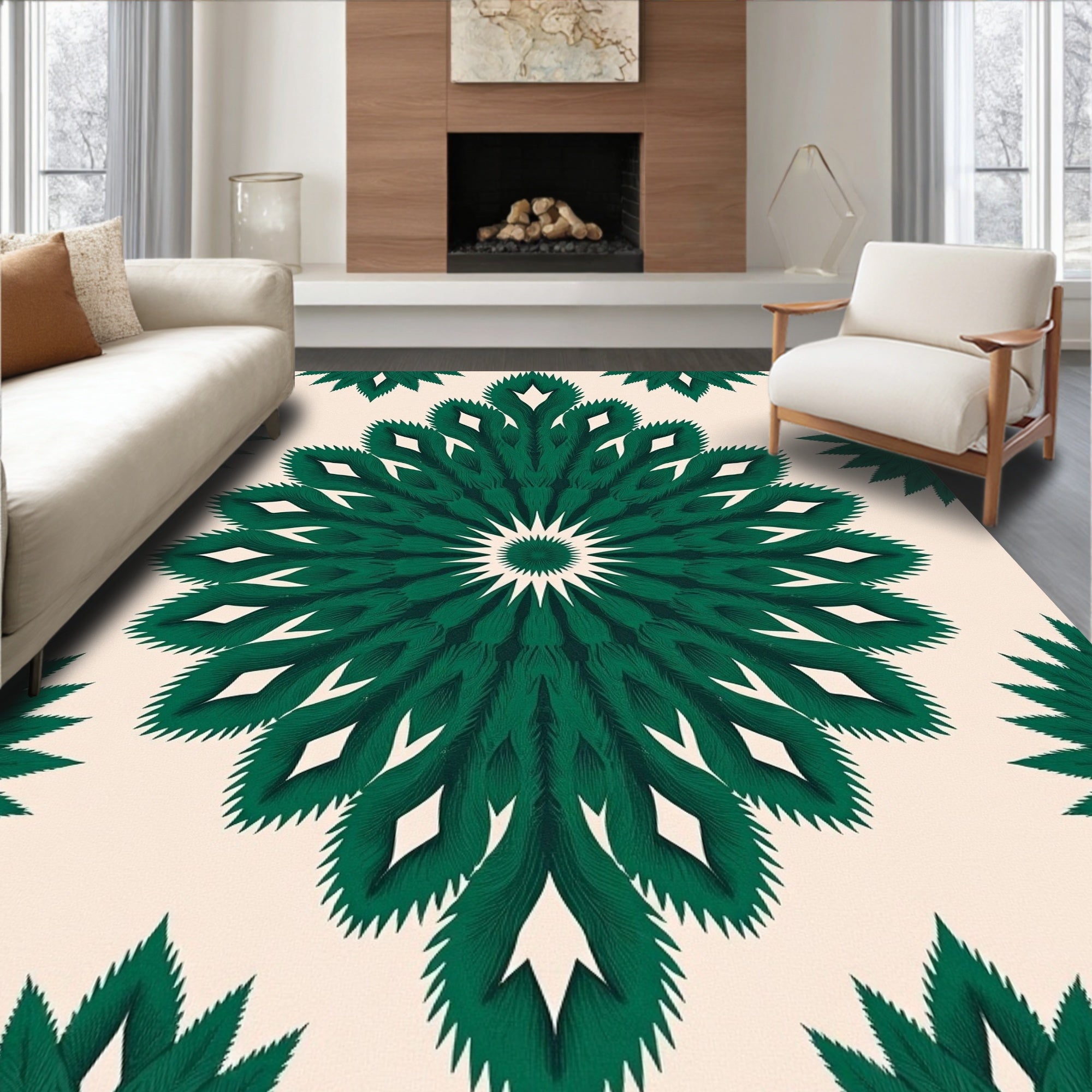 Deep Emerald Leaf Medallion Rug