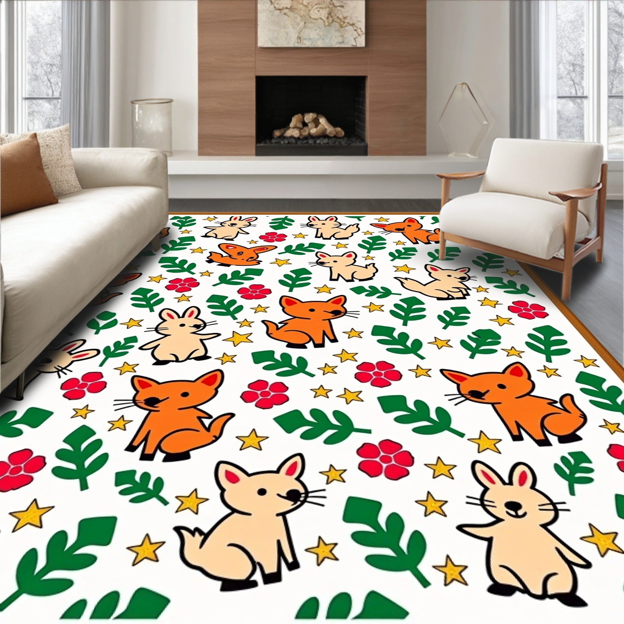Whimsical Orange Fox And Bunny Garden Rug