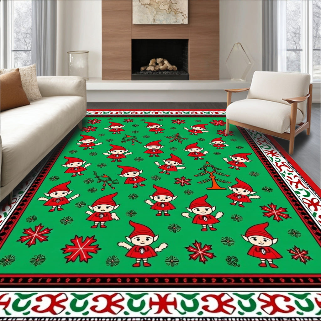 Festive Elf Red Christmas Tree Snowflakes Rug