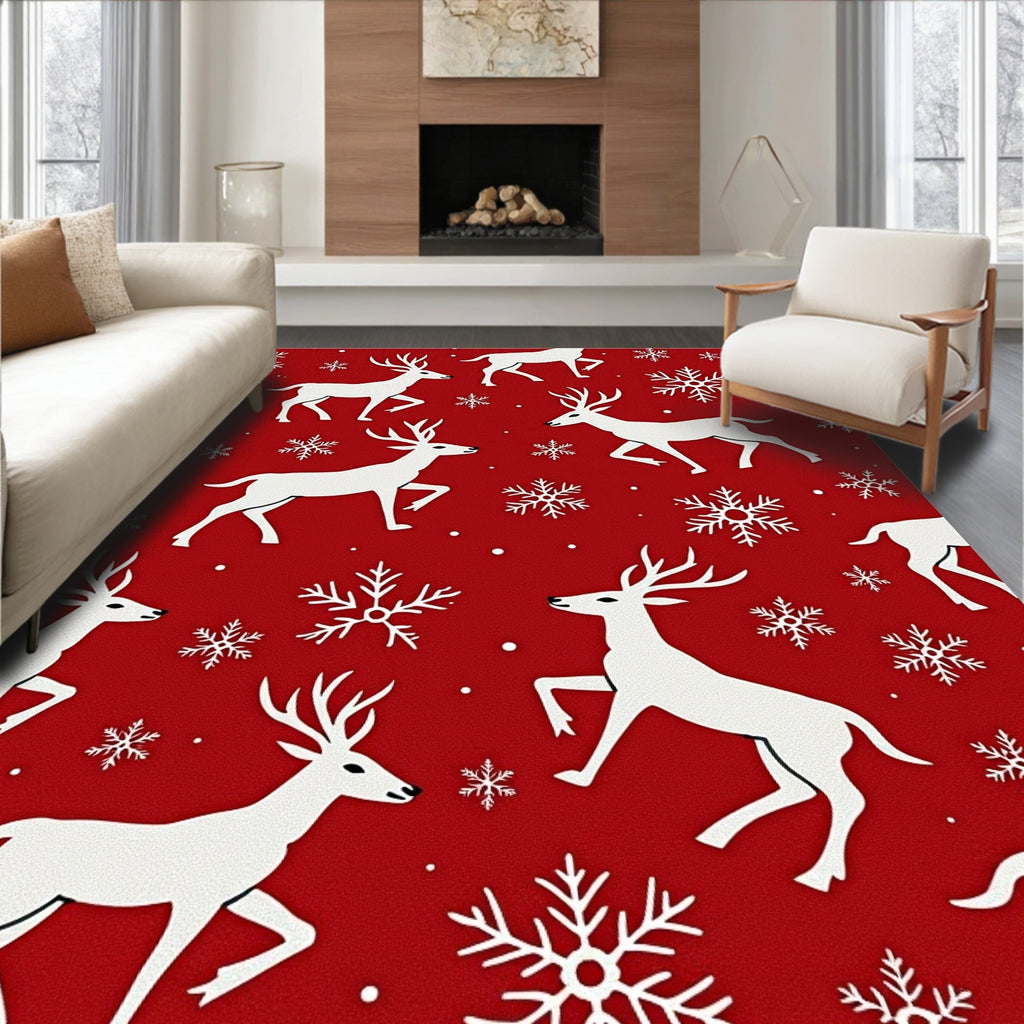 Crimson Reindeer Snowflake Collage Rug