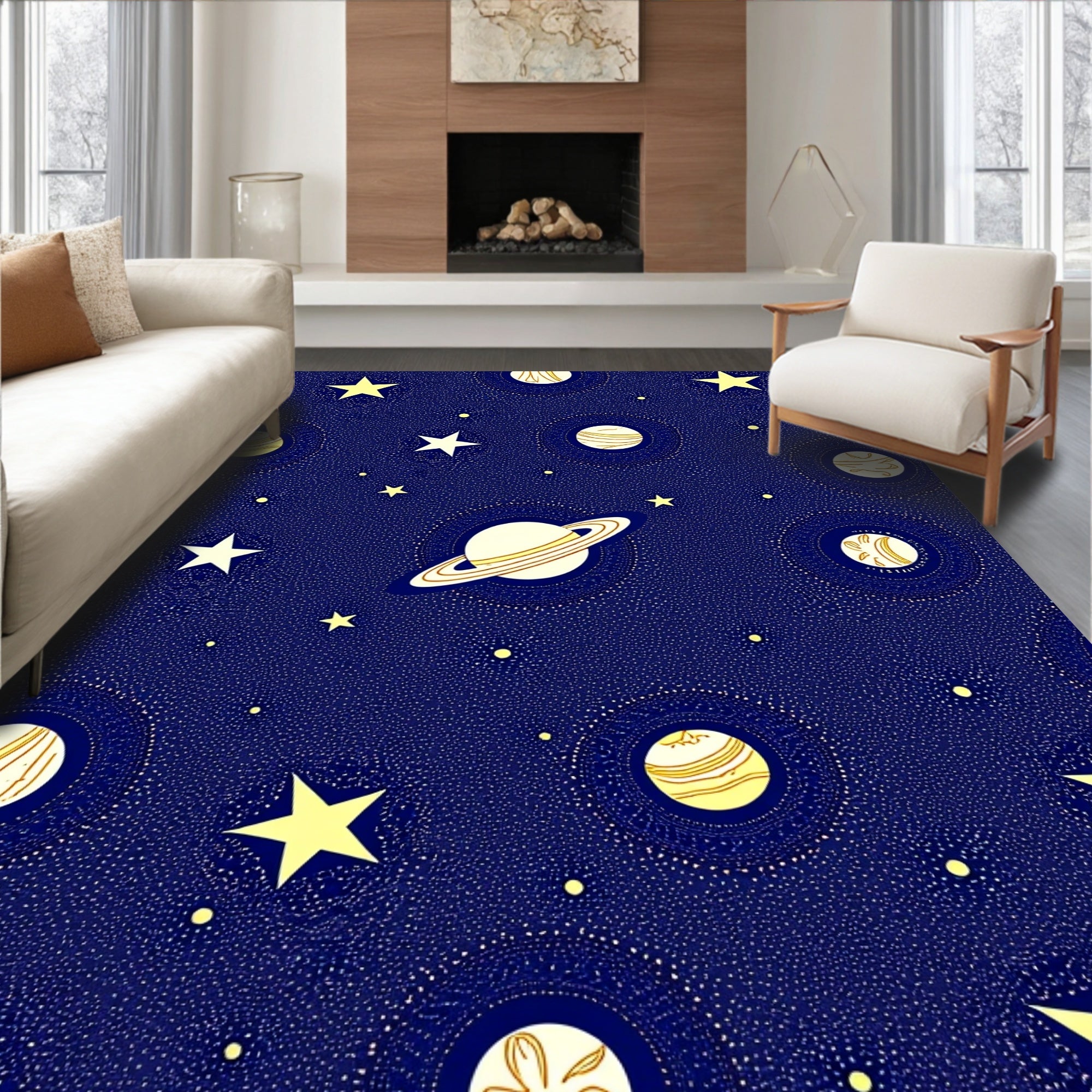 Dark Blue Celestial Starry Planets Rug