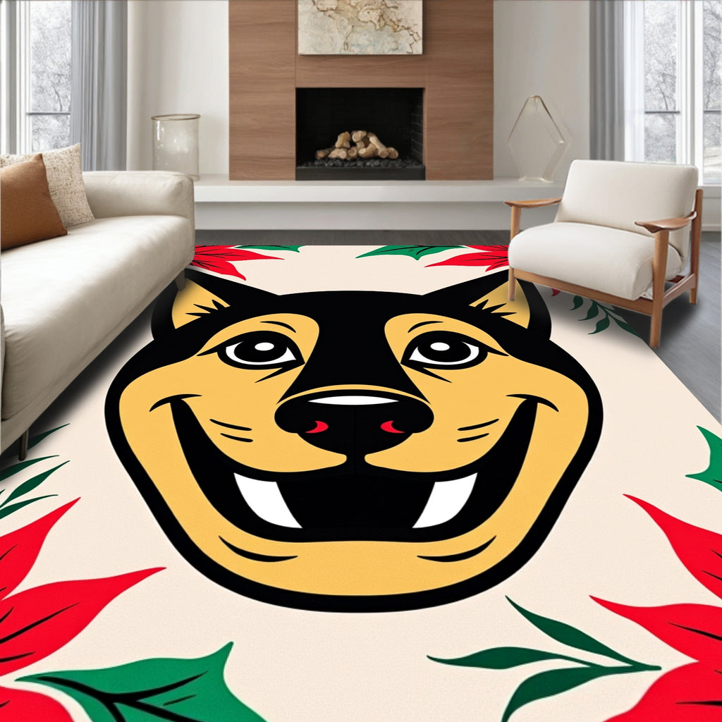 Smiling Dog With Red Poinsettia Border Rug