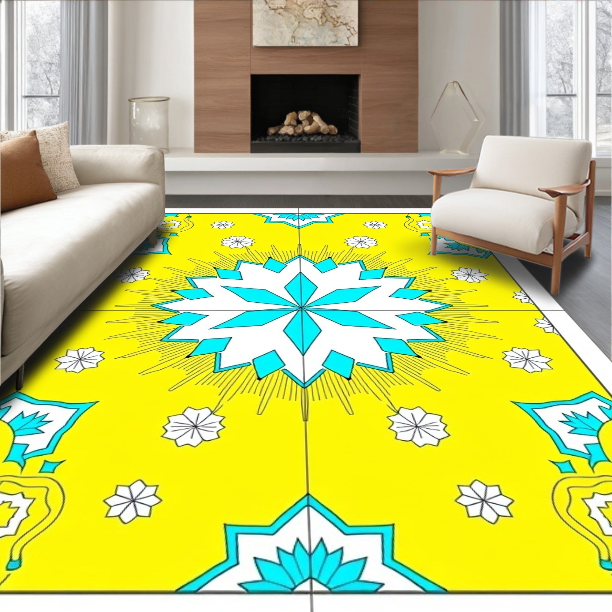 Bright Yellow and Teal Starburst Medallion Rug
